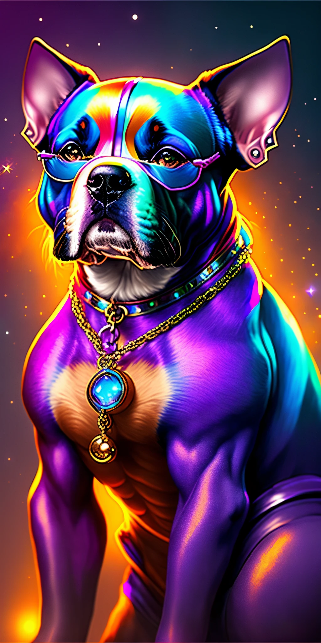 a dog with glasses and a chain around its neck, radiant nebula colors, vfx movie, marvel art, highly photographic render, pitbull, illustration iridescent, heavy metal artwork, his head covered in jewels, similar to the bifrost, conceptart. com, avatar image, genie, love death and robots