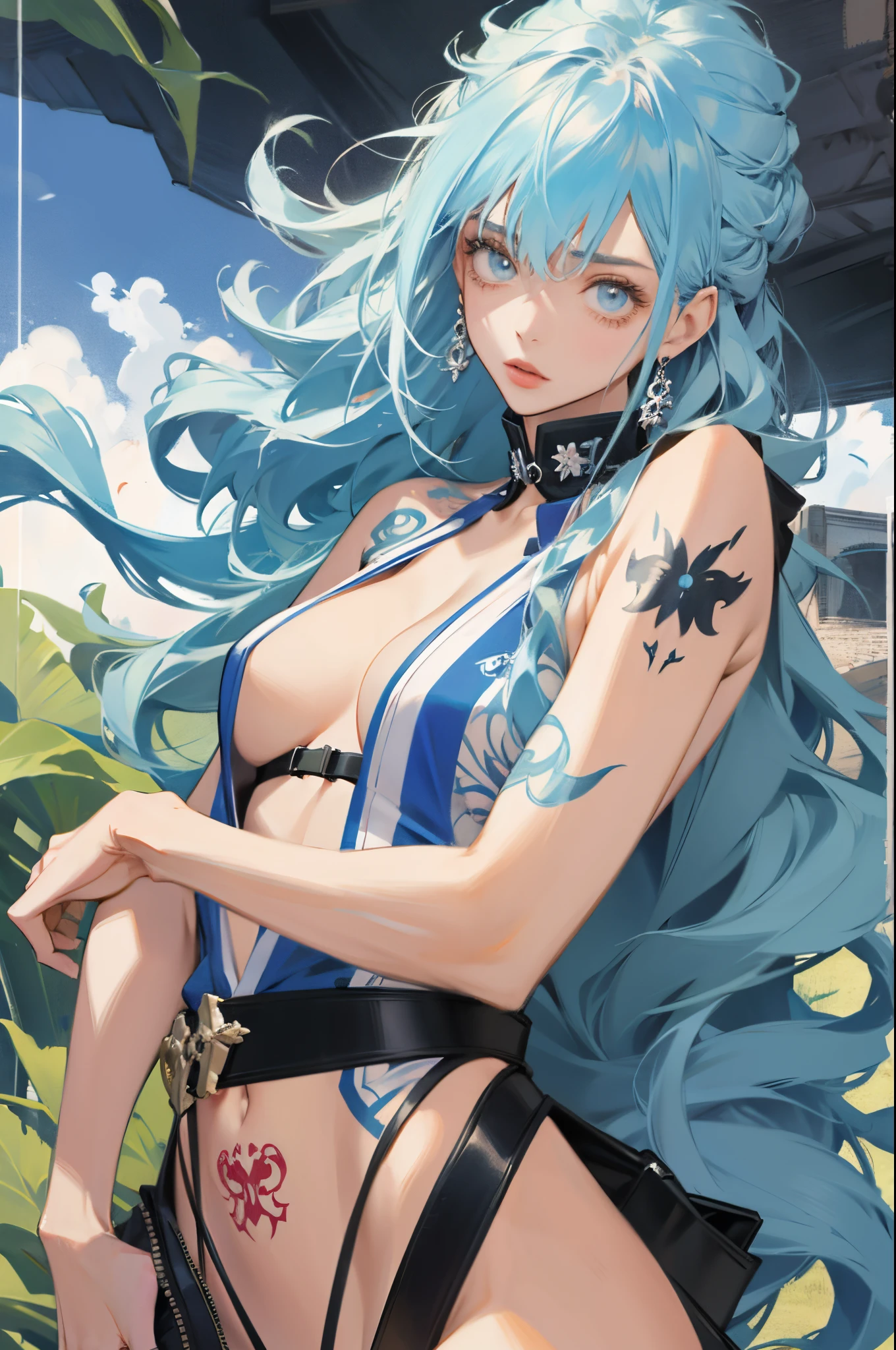 Ultra HD 2D art, closeup cleavage (1人の女性), lightblue hair, 2D animation style, Soft and delicate depiction, Also pay attention to her full body tattoos and full body art), landscape mode, A masterpiece by Guvez and James Jean, CGSCOSITY tattoo expert design, ETC. The blue-haired beauty who became a hot topic on Japan's trendy art website.
