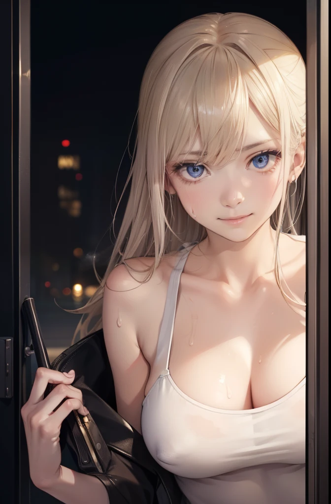 (Cinematic Digital Artwork: 1.3), High quality, masutepiece, of the highest quality, Super Detail, Illustration, [4K Digital Art]、 lndswgnr, (Sharp Focus: 1.5), (Moody lighting:1.2), depth of fields, Bokeh, 4K 、High resolution, ultra-detailliert, the Extremely Detailed CG Unity 8K Wallpapers, Realistic, Photorealsitic, Raw photo, beautifull detailed face, pale skin, realistic glistening skin, Detailed Cloth Texture, detailed hair texture, Perfect body, Beautiful face, acurate, Anatomically correct, Highly detailed face, Eye and skin texture, Natural neck length, (beautiful eyes beautiful hands), (Glossy skin:1.2), thin legs, Thin feet, Detailed people、A detailed face、细致背景、 ((( makeup、Erotic Married Woman、aunt、Adulterous wife、Sweat、Oil,gleaming skin、realistic skin textures、Detailed beautiful skin、Shiny skin、shiny white skin))), ((white tank top and shiny leggings)), sports wear、A MILF, Erotic Married Woman, Uber Eats、Entrance to the apartment、Open the door、carrying a large black bag alone&#39;Behind the scenes、 ((Sweat, steam)), Bewitching smile、Super huge、Large cleavage、The courier、woman delivering luggage、delivery