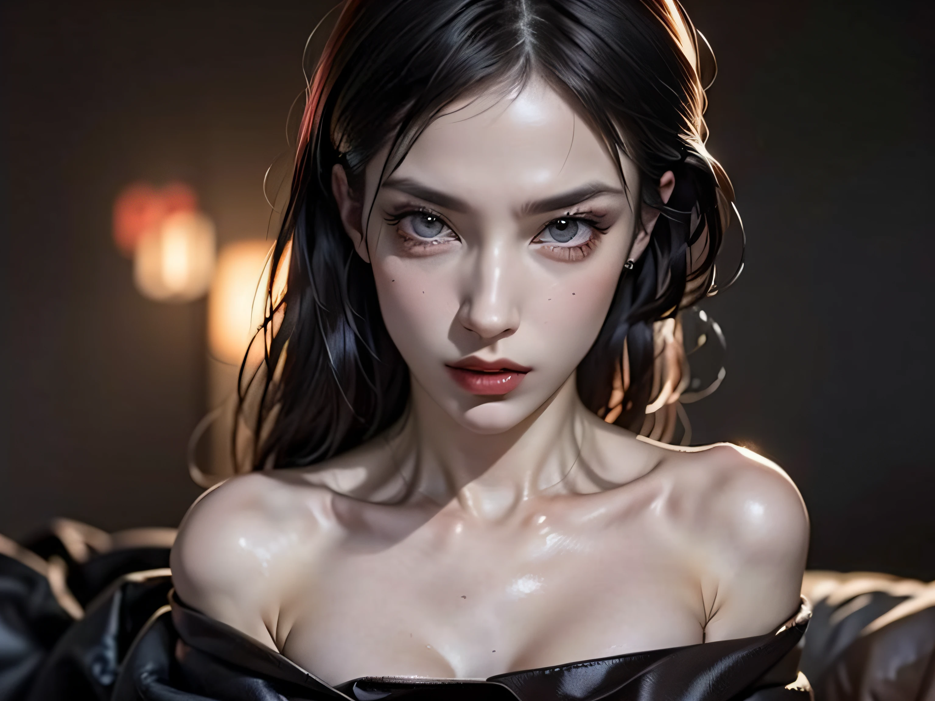 Ultra realistic, 16k, high quality, 1 naked well lit girl, erotic nightmare aesthetic, dream aesthetic, light black hair, cute bangs on the forehead, black evil eyes, bright evil eyes look, perfect nose, pale-grey skin, white/grey skin, flushed cheeks, natural detailed tits, showing natural breasts, narrow waist, big hips, hot big vagina, hot legs, creepy dark background, 18 years old, (beautiful natural body), professional photography of a naked woman detailed, sharp focus, dramatic, award-winning, cinematic lighting, dream aesthetic, volumetric dtx, (film grain, dark background, blurred foreground, Bokeh, depth of field, motion blur:1.3), multiple hot sexy poses and multiple angles.