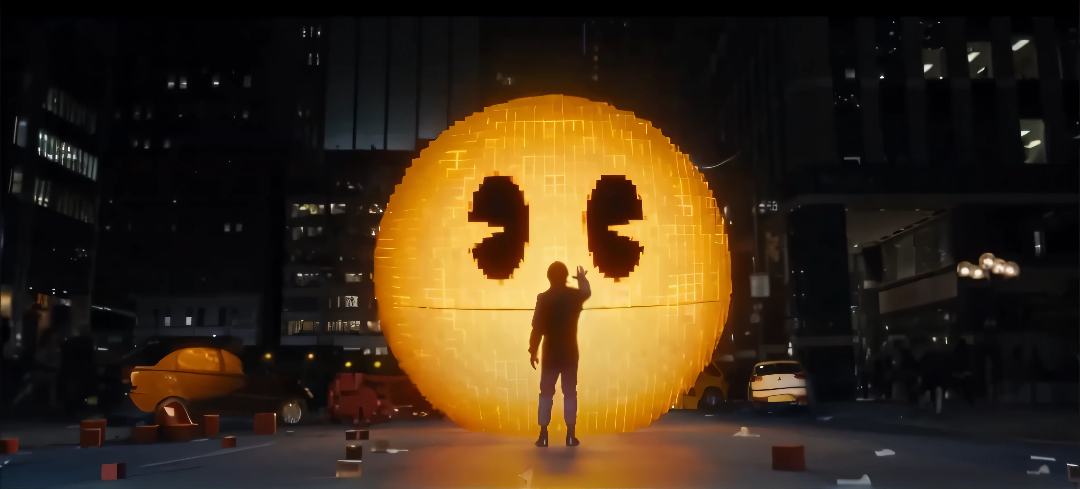 arafed image of a man standing in front of a giant orange object, pixels huh, pixels, pacman, movie screen shot, video screenshot, screenshot from a movie, movie screenshot, trailer, incredible vfx, glowing yellow face, bubbles vfx, movie screencap, emoji, big smirk, in roger deakins style, in a denis villeneuve movie