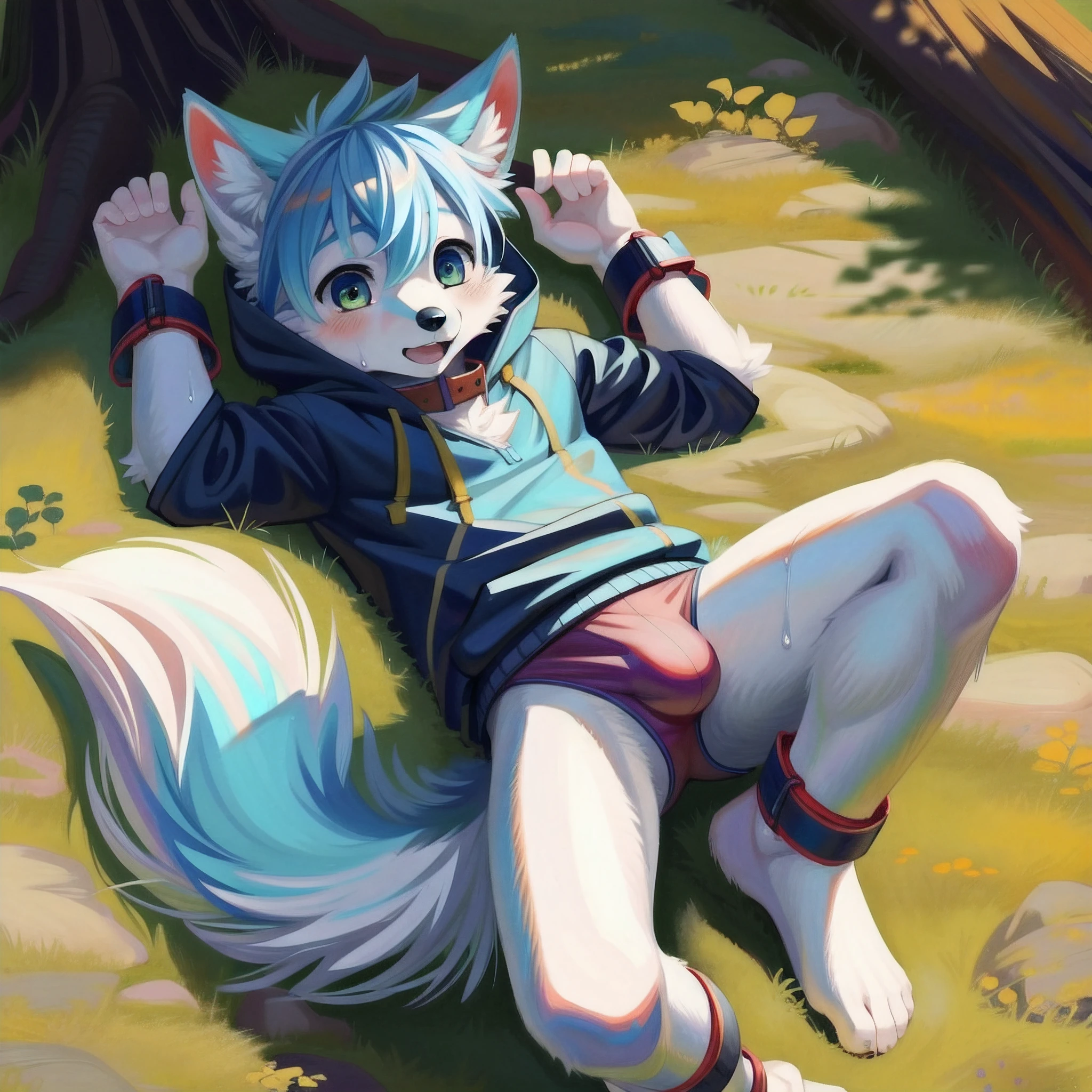 uploaded_on_e621, uploaded on danbooru, (cute), male focus, expressive face, expressive eyes, expressive mouth, (highly deatail eyes:1.4, loraeyes, intricate iris, (5 finger), expressive acting, expressive hands, expressive arms, expressive legs, anatomically_correct, detail flowing fur, depth of field, perfect lighting, light particleest quality), (masterpiece), (ultra detailed), sharp focus, light particles, niji, looking_at_viewer, sunlight, tree, 8k hd, by Pino Daeni, canyne khai, milkytiger1145, [dagasi, yupa], fear, light blush, lay, lying, on_back, lay on ground, (furry, Male Anthro, furry male, (gay, yaoi), femboy, arctic_fox boy, fox boy, two_tone_body, light blue fur, light blue fox_ears, light blue fox_ears tip, light blue body fur, light blue arm fur, light blue leg fur, light blue hair, light blue fox_tail fur, short hair, white hands fur, (green eyes:1.3, dark pupils), white eyebows, flat chest, petite, cheek_tuft,inner_ear_fluff, skinny body, narrow waist, red collar, skinny, 1 tail), (detail triathlon thight wet hoodie, thight wet tank top, detail thight wet triathlon speedos, bulge, wrist cuffs, ankle cuffs, white glove, ), oily skin, glistening_skin, shiny skin, wet, (High Angle Shot), sweat
