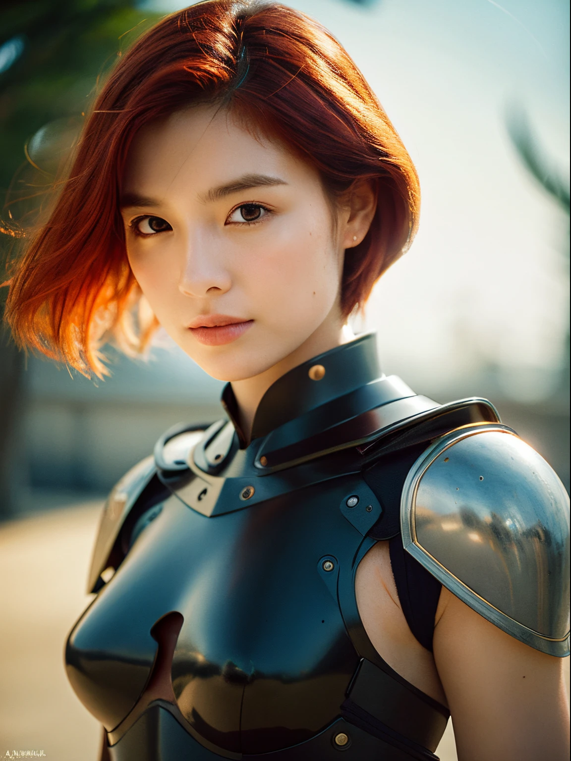 1 woman, Bocatan, armor, Red hair, Battle Pose, Photorealistic, hyper realisitic, hyperdetails, analog style, hip cocked, demure, low cut, Detailed skin, Matte skin, Soft lighting, Subsurface scattering, Realistic, heavy shadow, masutepiece, Best Quality, A hyper-realistic, 8K, Golden ratio, Convoluted, high detailing, film photography, Soft Focus, Blurry background