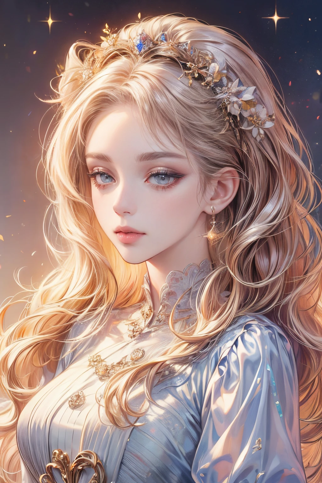 (best quality:1.4), (masterpiece:1.4), ultra-high resolution, 8K, CG, exquisite, upper body, solitary, thumb girl, little princess, taffeta court dress, floral background, detailed facial features, long curly hair, almond-shaped eyes, detailed eye makeup, long eyelashes, sparkling eyes and starry gaze, delicate lip details, soft and harmonious style.