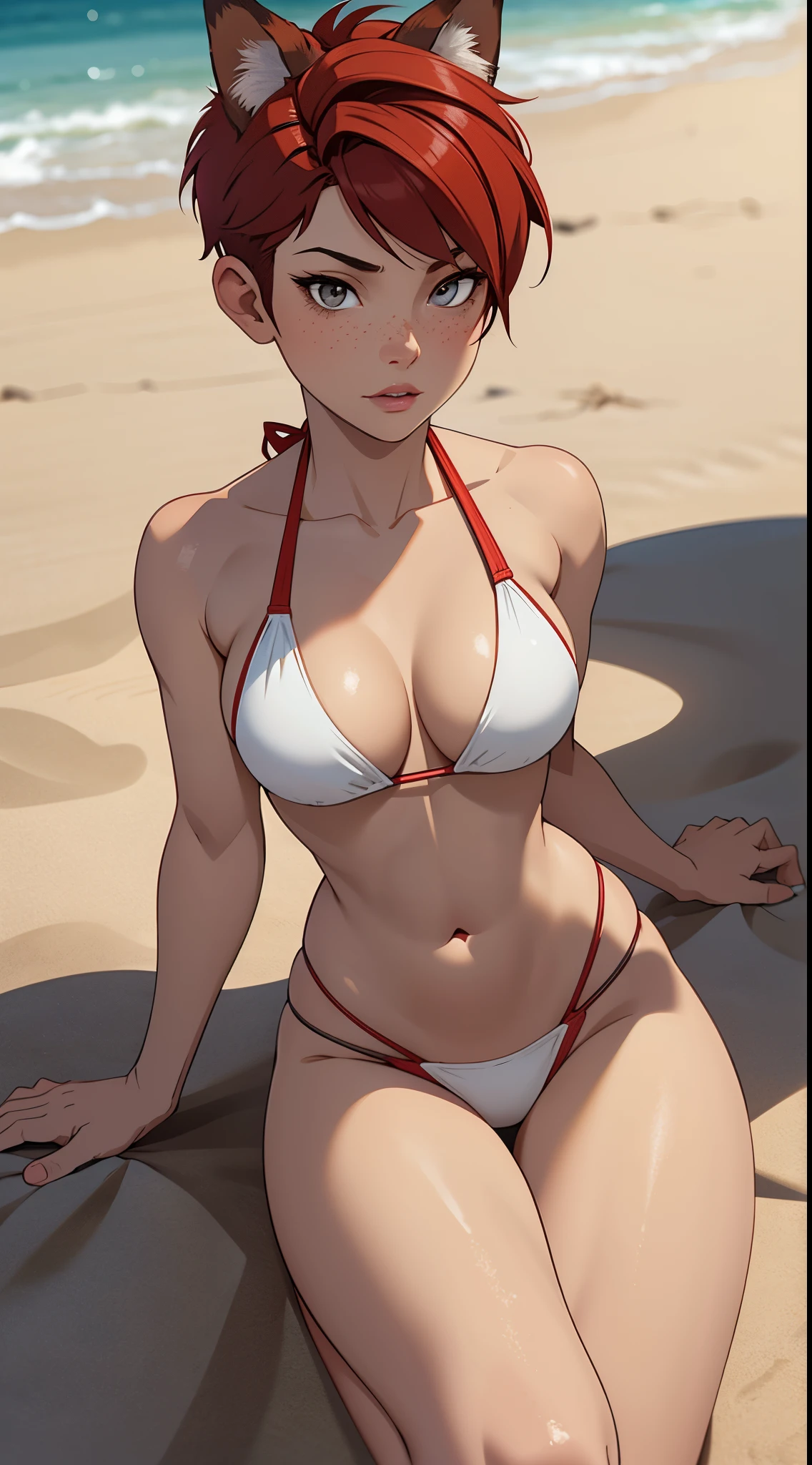 1girl, full body, teenager, solo, (short pixie cut Hair, undercut red hair: 1.28), ((light gray eyes)), some small freckles, (dark fox ears: 1.35), pale skin, large breasts, cleavage, (thin hips, thin waist , athletic body: 1.25), background, looking away, (wearing only a bikini: 1.5), lying down in the sand, at a beach, masterpiece, best quality,3d rending work ,3DMM style, close-up, portrait, 3D,