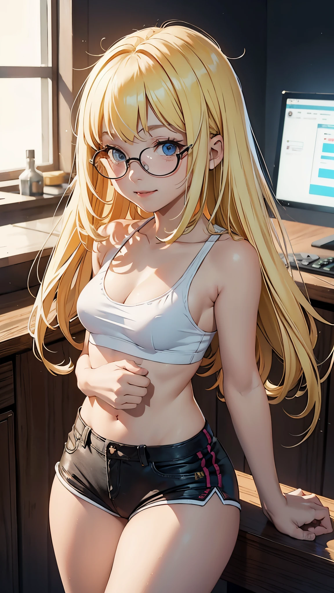 1girl, bangs, Loli body, 13 year old girl, blonde hair, cleavage, mouth, small breasts, ass facing the viewer, back to screen, smile, tight, micro shorts 1.4, Ultra HD |, 4k image, glasses , character near the camera