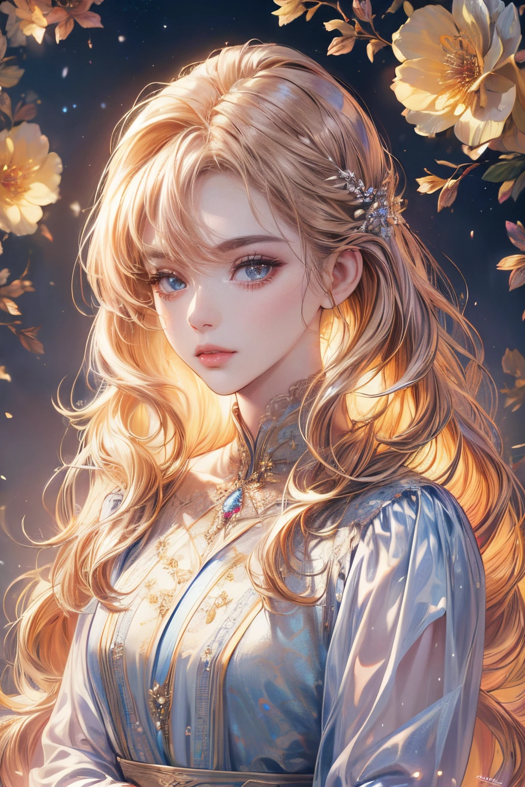 (highres:1.4),(masterpiece:1.4),ultra-high resolution,8K,CG,exquisite,upper body,lonesome,thumb girl,little princess,Taffeta Court Dress,floral background,detailed facial features,long wavy hair,almond eyes,detailed eye makeup,long fluttering eyelashes,sparkling eyes with starry gaze,delicate lip details,soft and harmonious style.