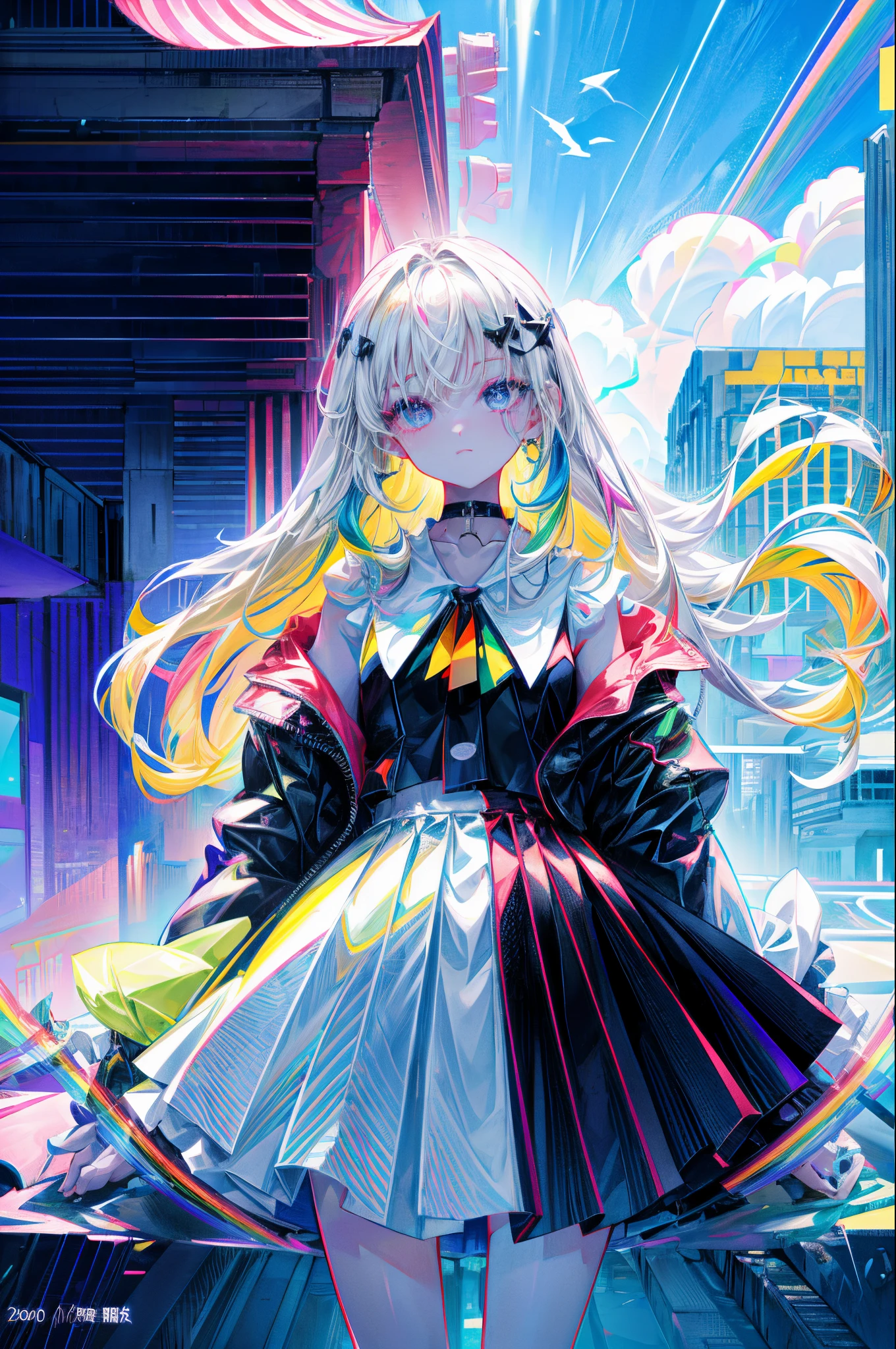 Rainbow on background、Irridescent color、colourfull、top-quality、超A high resolution、(Photorealsitic:1.4)、Female 1 Person、Sleeveless white buttoned shirt、Black skirt、Black Choker、cute little、(Kpop Idle)、(attractiveness:1)、(Platinum Blonde Hair:1)、((Puffy eyes))、Look at the viewer、full body Esbian、Facing the front