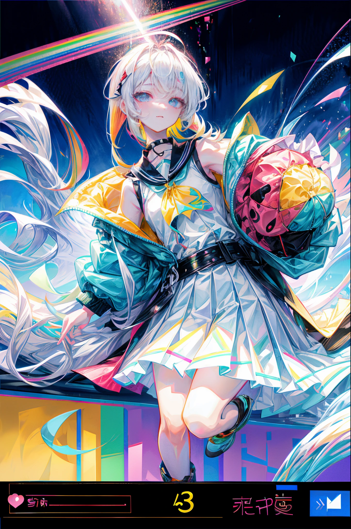 Rainbow on background、Irridescent color、colourfull、top-quality、超A high resolution、(Photorealsitic:1.4)、Female 1 Person、Sleeveless white buttoned shirt、Black skirt、Black Choker、cute little、(Kpop Idle)、(attractiveness:1)、(Platinum Blonde Hair:1)、((Puffy eyes))、Look at the viewer、full body Esbian、Facing the front