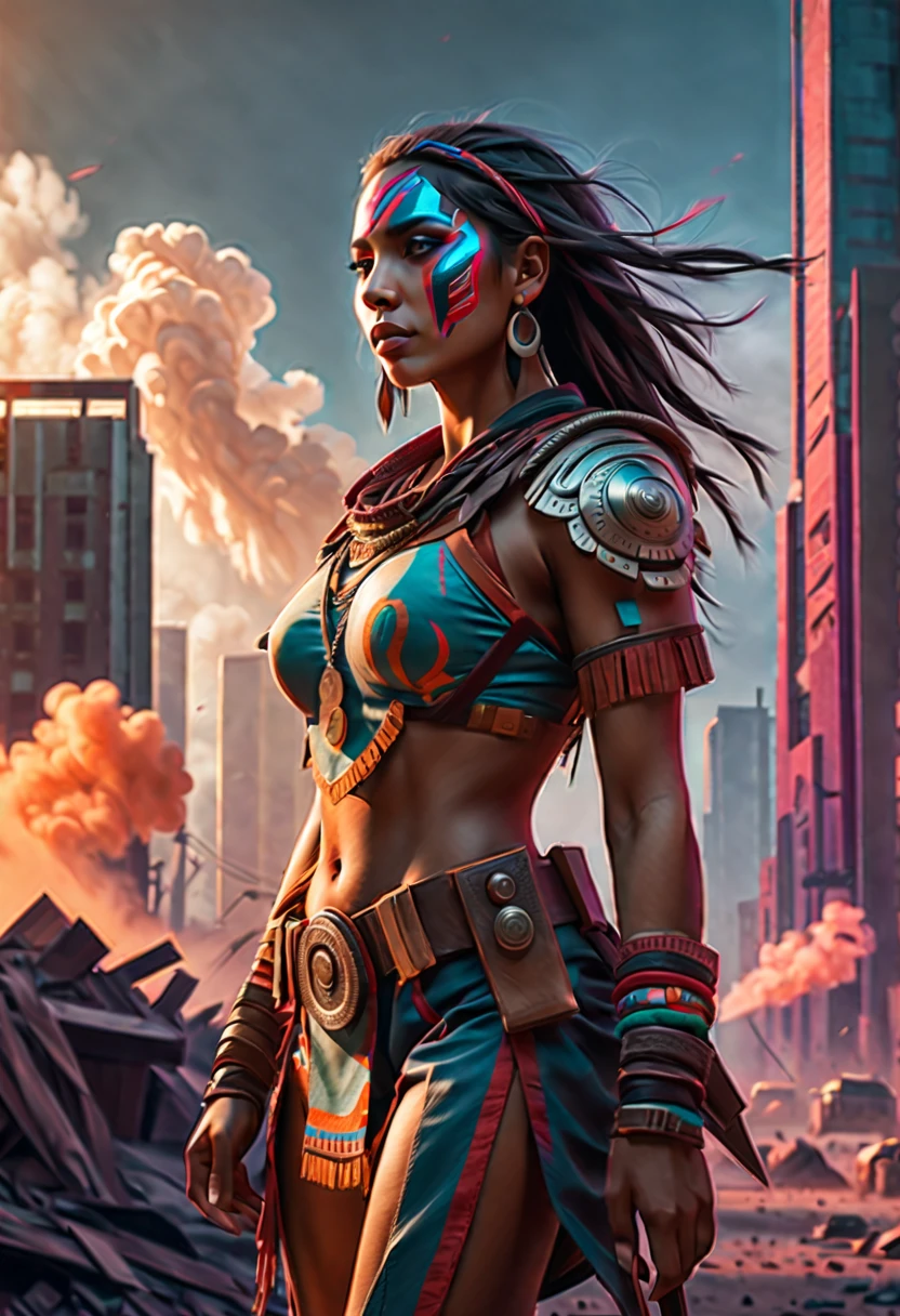 (best quality,4k,highres,masterpiece:1.2),ultra-detailed,realistic:1.37,native american girl,war paint,cyberpunk battlefield,painted horse,plains,portrait,landscape,colorful,contrasting lighting,action-packed,fast-paced,vivid colors,gritty,sci-fi,warrior,strong,zoomed-out perspective,towering skyscrapers,neon lights,technological elements,explosions,chaotic atmosphere,intense,energetic,post-apocalyptic,expressive eyes,flowing hair,dynamic pose,rugged clothing,trail of dust,smoke,motion blur,bullets flying,clouds of debris,optimistic color tones,defiant expression,confident demeanor,striking features,commanding presence,adventure,an epic clash between the past and the future,blend of cultures,symbol of resilience and strength.