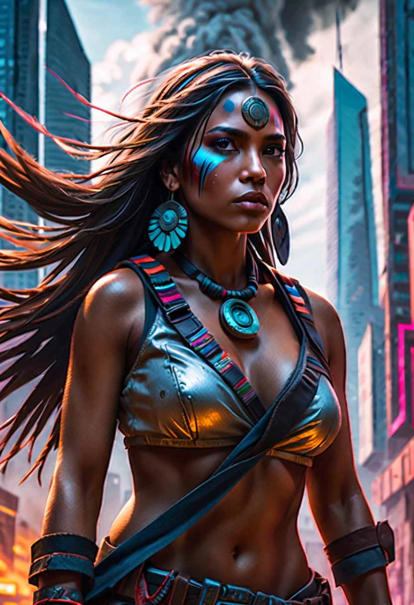 (best quality,4k,highres,masterpiece:1.2),ultra-detailed,realistic:1.37,native american girl,war paint,cyberpunk battlefield,painted horse,plains,portrait,landscape,colorful,contrasting lighting,action-packed,fast-paced,vivid colors,gritty,sci-fi,warrior,strong,zoomed-out perspective,towering skyscrapers,neon lights,technological elements,explosions,chaotic atmosphere,intense,energetic,post-apocalyptic,expressive eyes,flowing hair,dynamic pose,rugged clothing,trail of dust,smoke,motion blur,bullets flying,clouds of debris,optimistic color tones,defiant expression,confident demeanor,striking features,commanding presence,adventure,an epic clash between the past and the future,blend of cultures,symbol of resilience and strength.