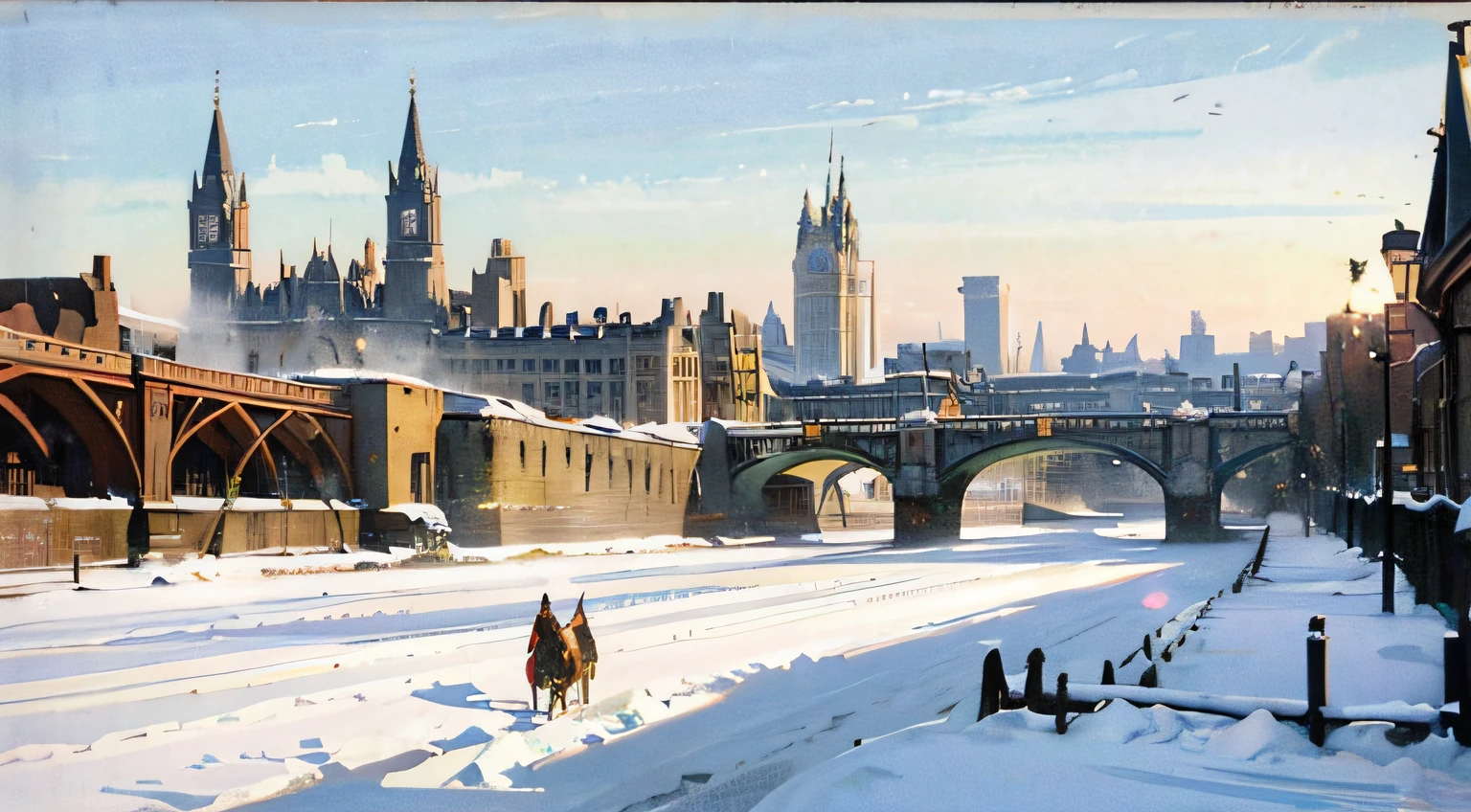 ((Best Quality)), ((masutepiece)),Seen from the front、during daytime、medieval times、London cityscape、Snow is piled up、with no people