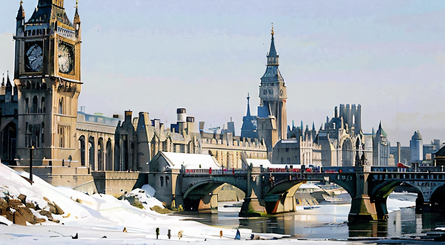 ((Best Quality)), ((masutepiece)),Seen from the front、during daytime、medieval times、London cityscape、Snow is piled up、with no people