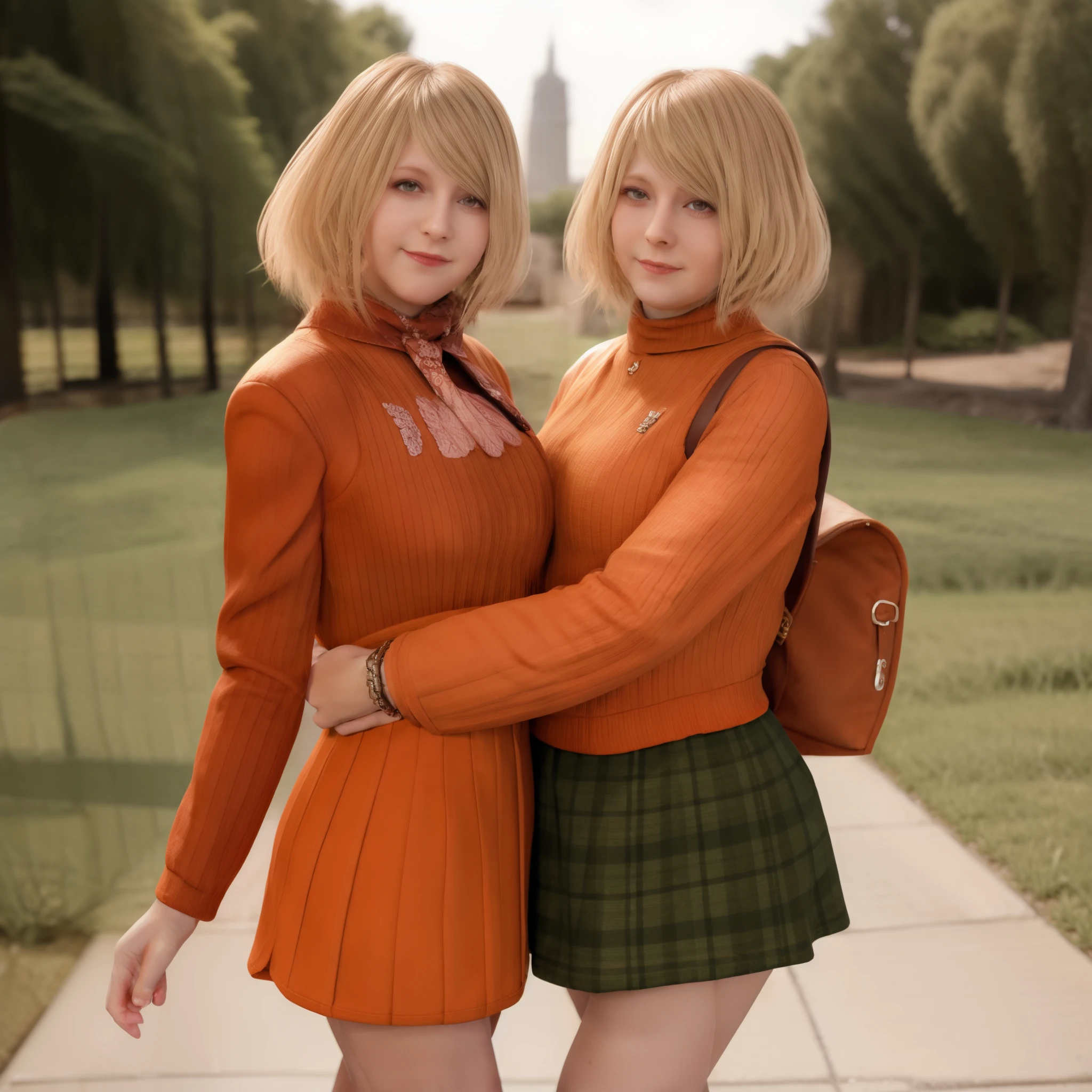 Ella freya, woman, orange jacket, green mini skirt, smile, blonde bob hair