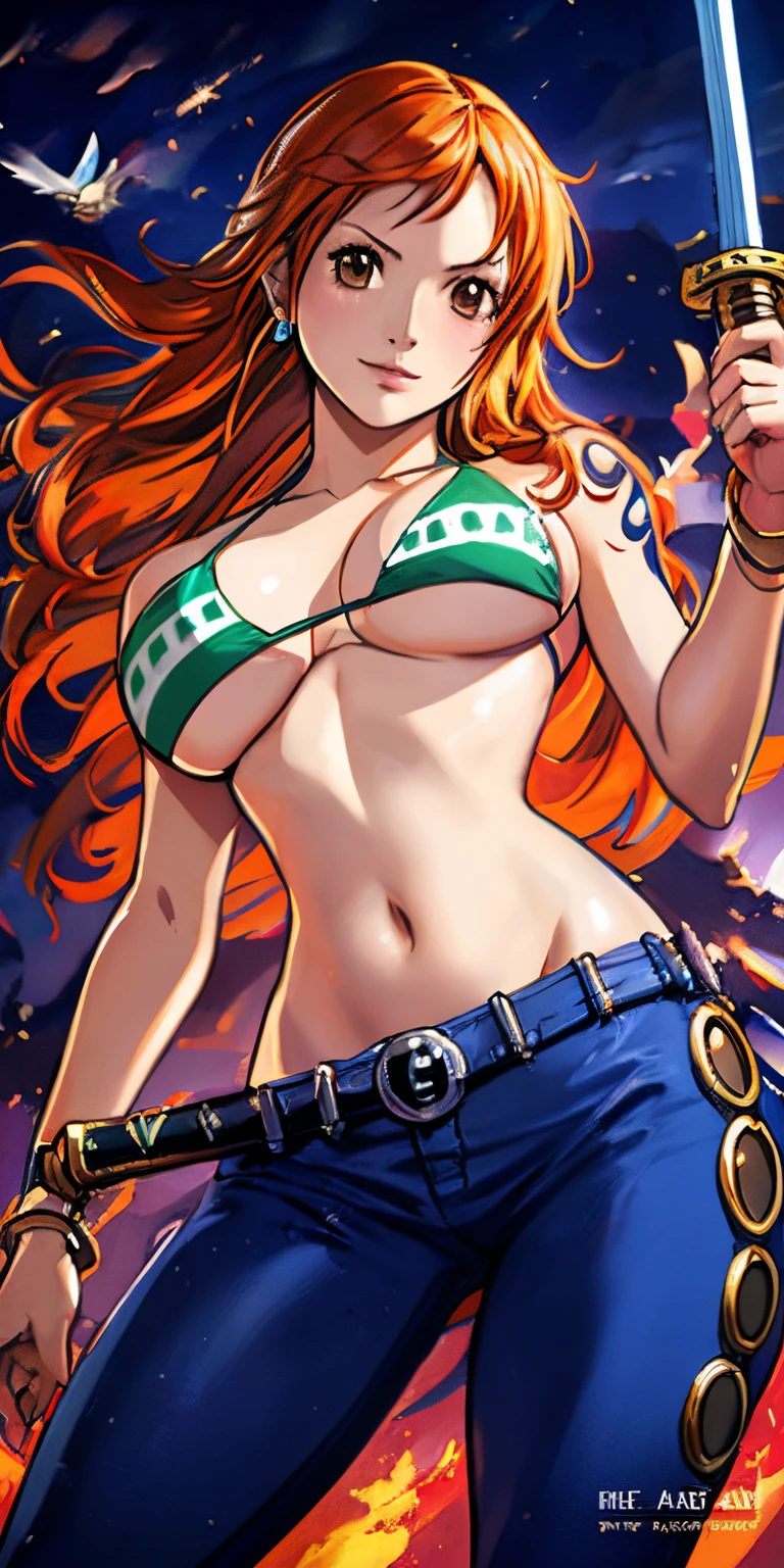 An arafe woman wearing a bikini top and super miniskirt and holding a sword, nami one piece, beautiful portrait of nami, Nami of one piece,Nami in super miniskirt,put the sword on the pussy、 Detailed Digital Anime Art, Cute exirobat showing white pants, Very detailed ArtGerm haha, deviantart artstation cgscosiety, realistic bikini, Swimsuit, fanart best artstation, ArtGerm. high detailing