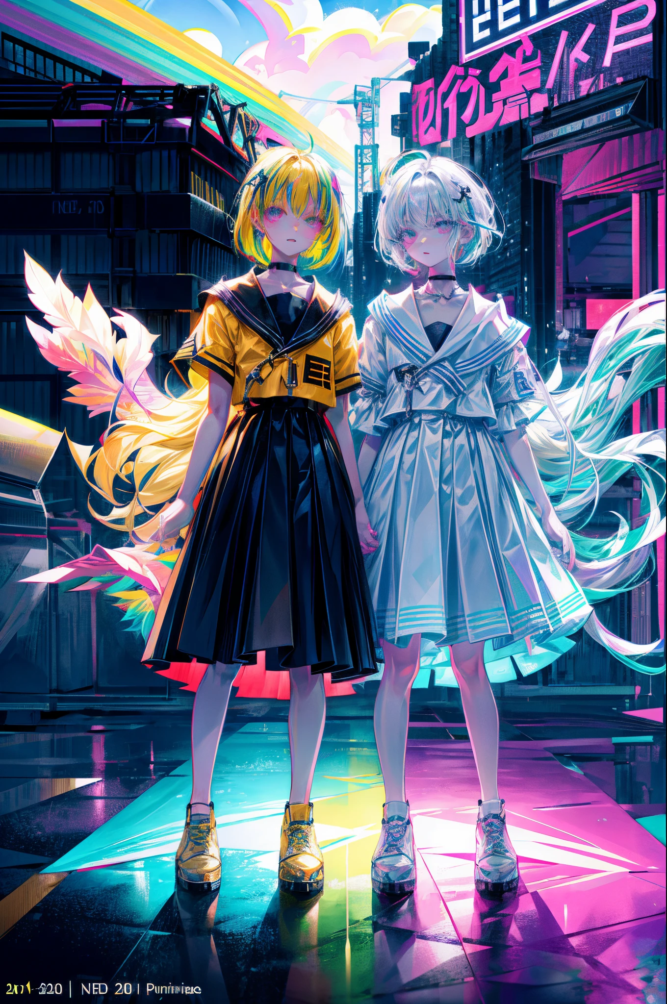 Rainbow on background、Irridescent color、colourfull、top-quality、超A high resolution、(Photorealsitic:1.4)、Female 1 Person、Sleeveless white buttoned shirt、Black skirt、Black Choker、cute little、(Kpop Idle)、(attractiveness:1)、(Platinum Blonde Hair:1)、((Puffy eyes))、Look at the viewer、full body Esbian、Facing the front