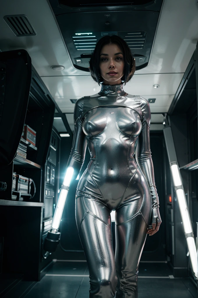 Sci-fi horror, sci-fi horror movies, Invading alien with the appearance of a sexy and beautiful woman, Indoors, space cargo ship, bright interior, futuristic inorganic decoration, flashing control panel, lots of piping, exhaust ducts, steam, strong lights, pure white passageway, upper body,perfect anatomy,Silver tights type spacesuit that covers the whole body from the neck, (creepy grin1.5),Eyes that glow fluorescent red