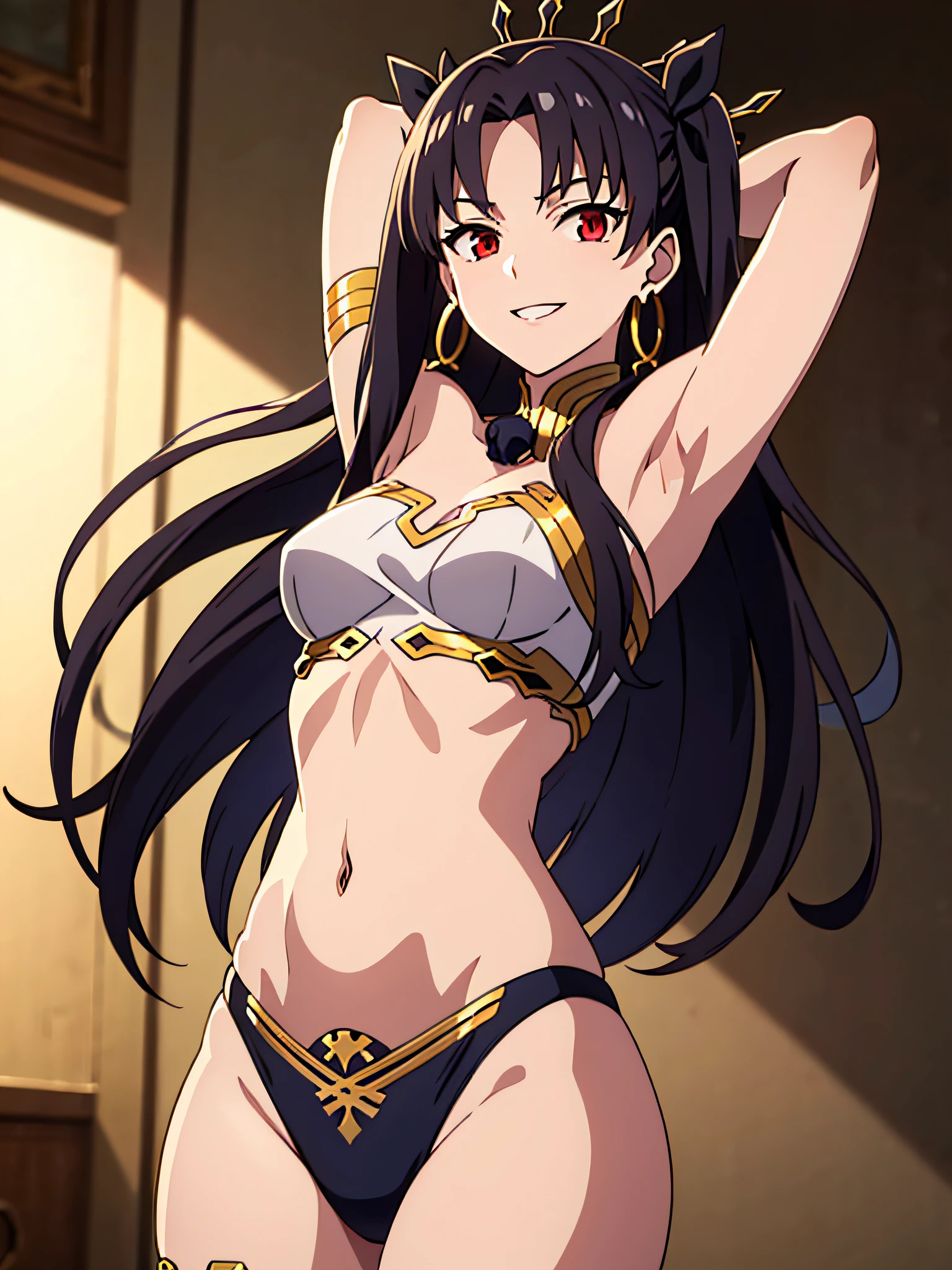 aaishtar, long hair, two side up, hair ribbon, tiara, parted bangs, hoop earrings, jewelry, bare shoulders, neck ring, bikini, single sleeve, detached sleeves, single thighhigh, black thighhighs, 1girl, solo, facing viewer, looking at viewer, smile, armpits, showing armpits, arms behind head, posing