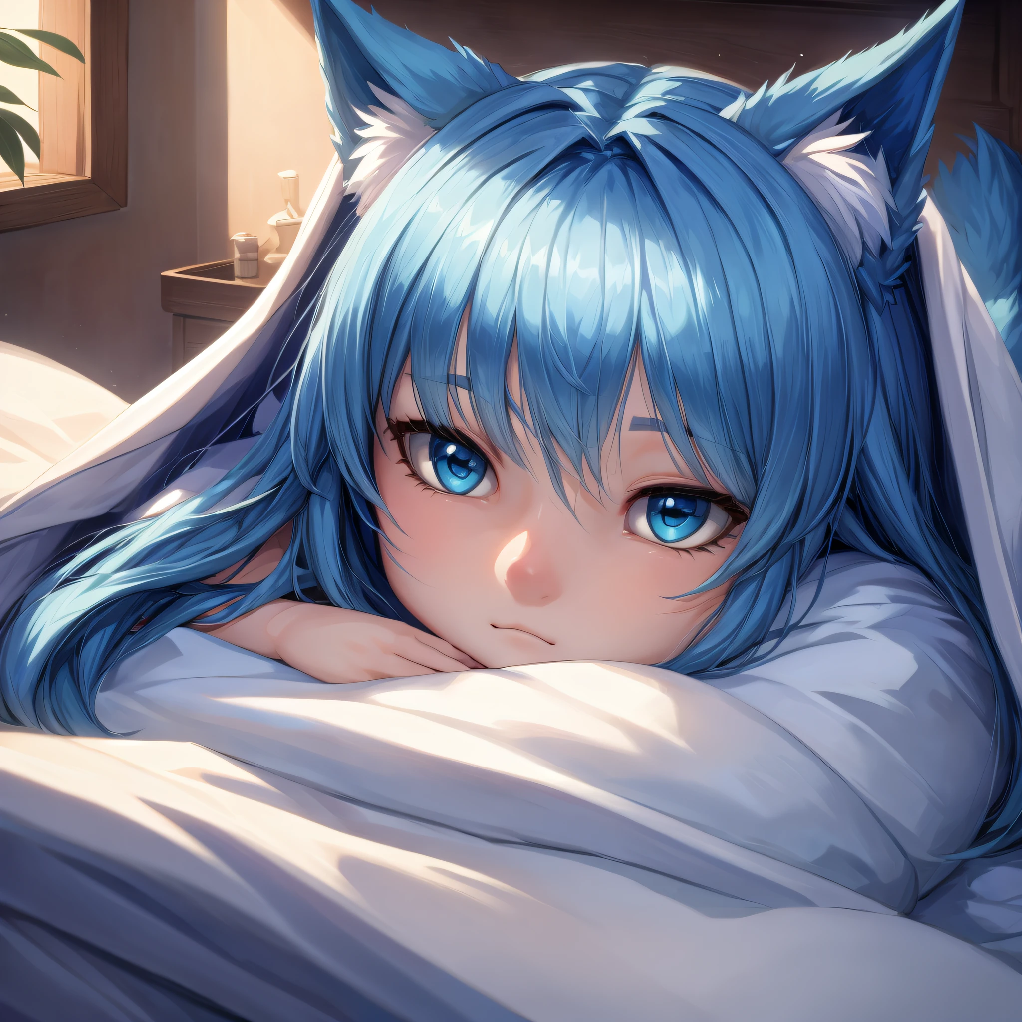 (Masterpiece) (High Detail) (High Res) Close up of A short humanoid girl with pale human skin and blue eyes and long blue hair and blue dog ears and a big fluffy dog tail is laying in bed, all cuddled up in her blankets.