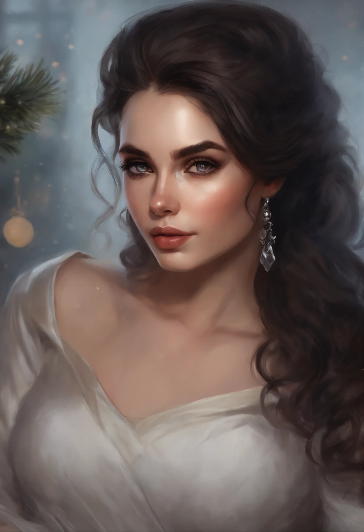 realistic art style,   in the art style of bowater, 8K Artgerm Bokeh, Christmas morning painting, Fantastic tale, Christmas style, John Tolkien style, Small painting by Jean-Baptiste Monge ,   Painting of a rocker girl (Straight hair ) ( black hair ), sitting in front of the Christmas tree,  Portrait of a rocker girl ( black hair ), Soft facial features,  With light makeup,  dark pink lips,  lip shape"pearlescent" ,"curved eyebrows in the shape of Engriberts, Cyan eyes,  heavy-lidded eye shape,   Rocker Girl, sitting in chair,Wears black leggings,  Wear a tolstovka,  Human Hand, Very clear without flaws with five fingers,  mischievous character, fireplace, Christmas tree, Gifts, ,artwork in the style of guweiz, detailed character portrait, extremely detailed artgerm, artgerm and atey ghailan, charlie bowater art style, Jean-Baptiste Monge, anthropomorphic --ar 2:3 --testp -optimistic;  straight hair