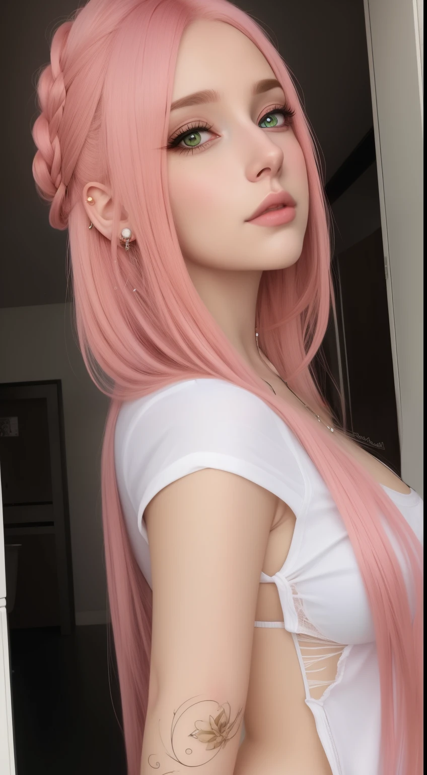 um close up de uma mulher com cabelo rosa e piercings, arte de anime realista, realistic anime art style, estilo realismo anime, anime semi realista, Estilo anime 3D realista, kawaii retrato realista,  anime jovem realista, estilo anime semi-realista, anime hiper realista, realismo de anime, Arte no estilo de Guweiz, estilo de arte realista, anime fotorrealista