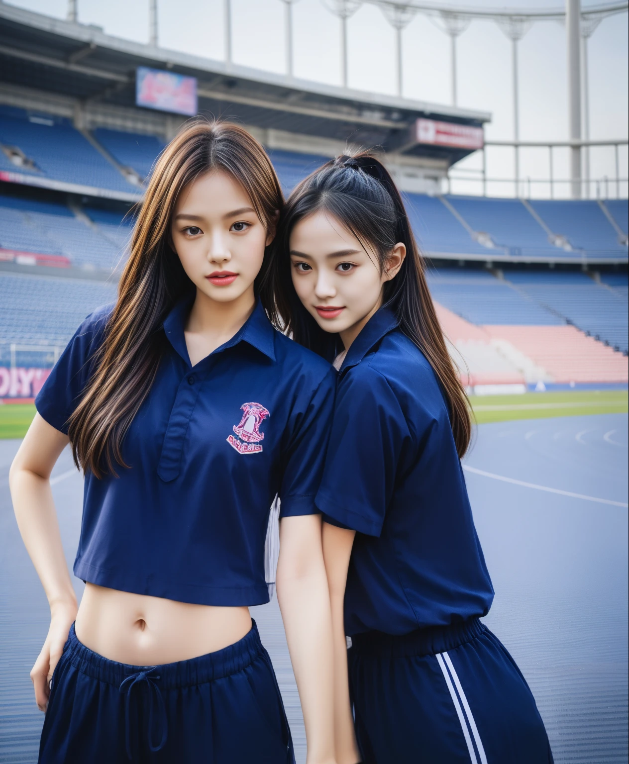 (bestquality,10,10,highres,masterpiece:1.2),ultra-detail,(Realistic,photorealistic portrait,photo-realistic:1.37),1 Cute girl in the football field,oily shiny skin,bara,light smile,BDclothelue shirt:1.3)),short sleeves,shirt, trousers.,(navy_long_Pants Track:1.1), ((Stadium Background:1.3)),dynamic angle,excited,face focus,Dynamic Poses,from behide,Ass Focus,masterpiece, bestquality, ultra realistic, hyper-detail, 8k resolution, RAW photo, crisp focus, ((Navy blue shirt:1.1)), short sleeves, Long Path, Perfect body, 2 mature women, 18yo, cinematic light,Blue sweatpants,Gymware,Correct anatomy,Complete body, Correct body, sharp face, Anatomically correct body, full entire body, Realistic gestures, long-haired, Realistic poses,Wear long shorts................................,Long leg span,Shapely,Sculpting Girl, Slender Figure, mannequin mannequins, Shapely, Beautiful body,Blue sweatpants, Two girls kissing