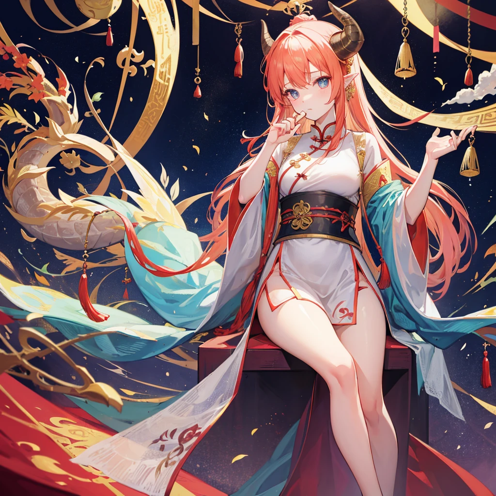 study room,A fairy giving lectures on the stage,a dragon girl,Dragon horns on the head,Sitting,Lectures,Ancient Chinese clothing,Everyone knows that gods are good,Only fame can't be forgotten