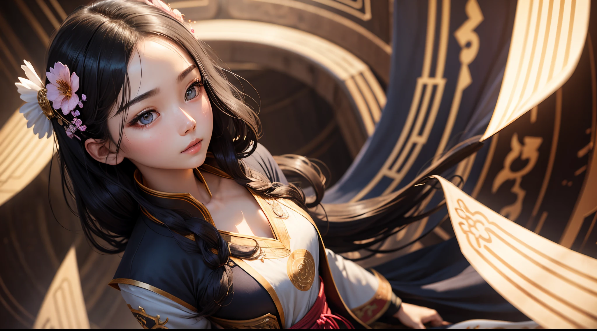 1Girl,s whole body,super delicate face, Beautiful detailed eyes,light on the face,Cinematic lighting,looking up at viewer,exteriors,Black hair,(balk chinese architecture:0.05),Hanfu,