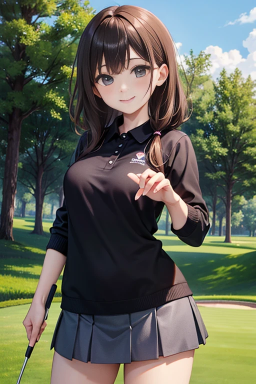 Active as a professional golfer、The most beautiful women、with shiny brown hair、at the match、At the golf course、She is wearing a black polo shirt with a logo and a white miniskirt。.。.、I enjoy playing golf、Very enchanting.。She's full of confidence々Smiled at.、toward to the camera。her fashion and expressions、The perfect balance of cuteness and elegance、draw the viewer in、&#39;dong&#39;dong&#39;Don&#39;t let go.。throughout this scene、express her charm to the fullest