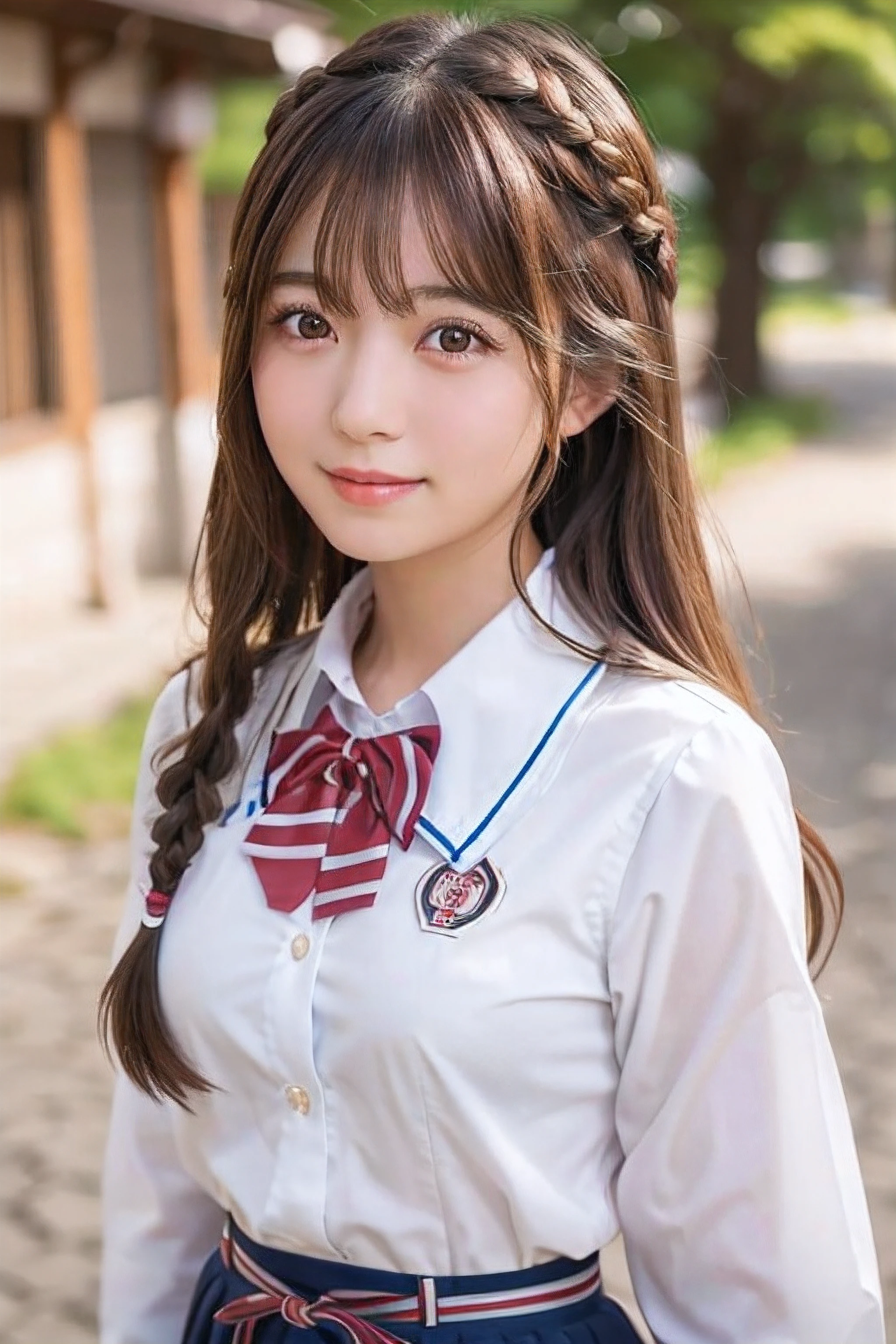 Light Brown Fringe Hair、Braided hair、disheveled hair、Arab asian woman in white shirt and red bow tie、a hyperrealistic schoolgirl、a hyperrealistic schoolgirl、cute school girl、goddess of Japan、Japan Person Model、Realistic Young Gravure Idol、Japan Girl Uniform、a Korean girl、Japan wearing school uniform、Japan wearing school uniform、Young gravure idols、beautifull asian girl ever、(:1.5)、Emphasis on the chest、Clear skin
