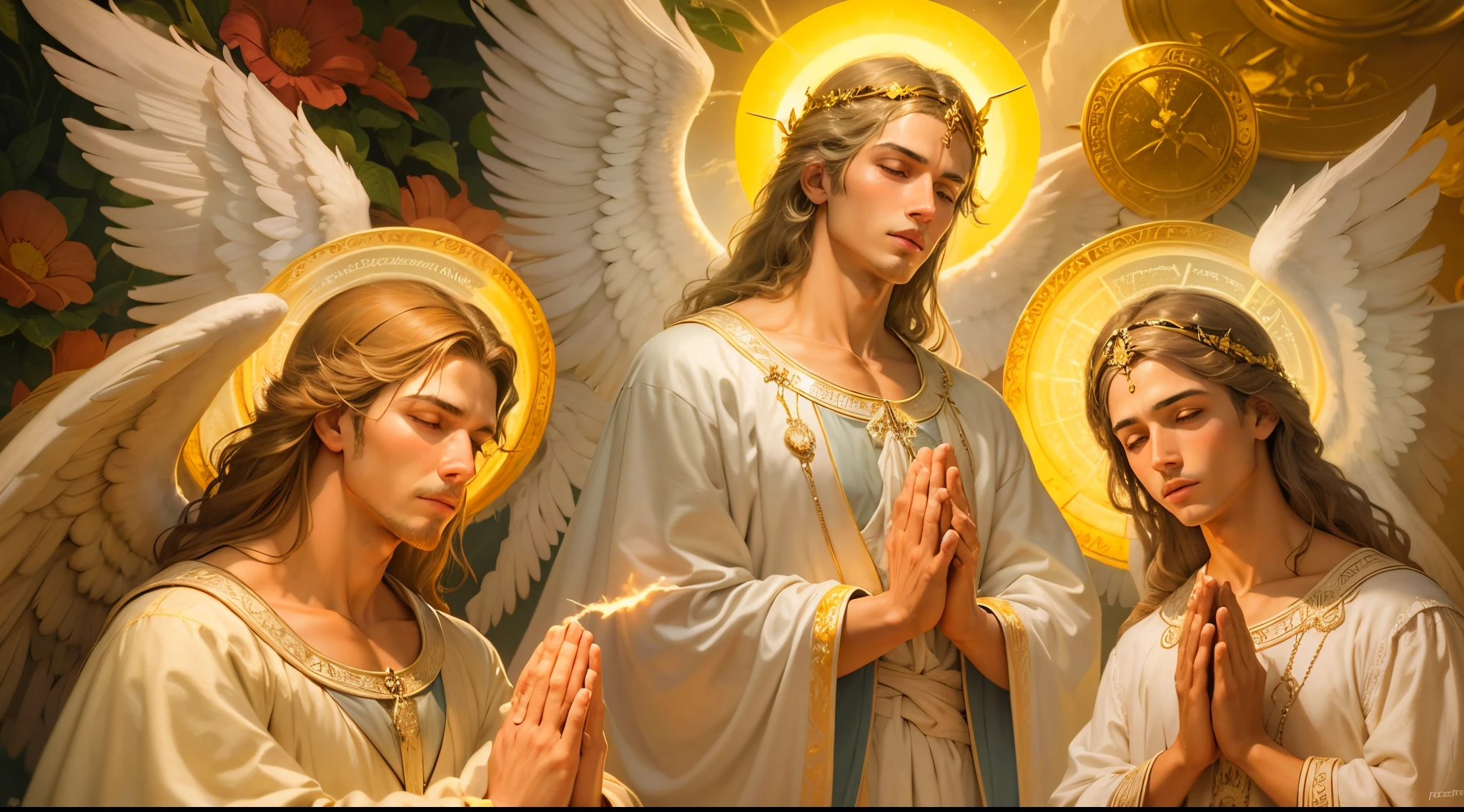 Close up of an image of three male angels praying and blessing, arcanjo homem com asas grandes, o anjo da fortuna, perfeito, Reslistic, Biblical setting, celestial scenery, sol e nuvens ultras realistas, flores e velas, illuminated archangel of heaven, Passes em segundo plano, flores coloridas, velas acesas, roupas brancas e vermelhas