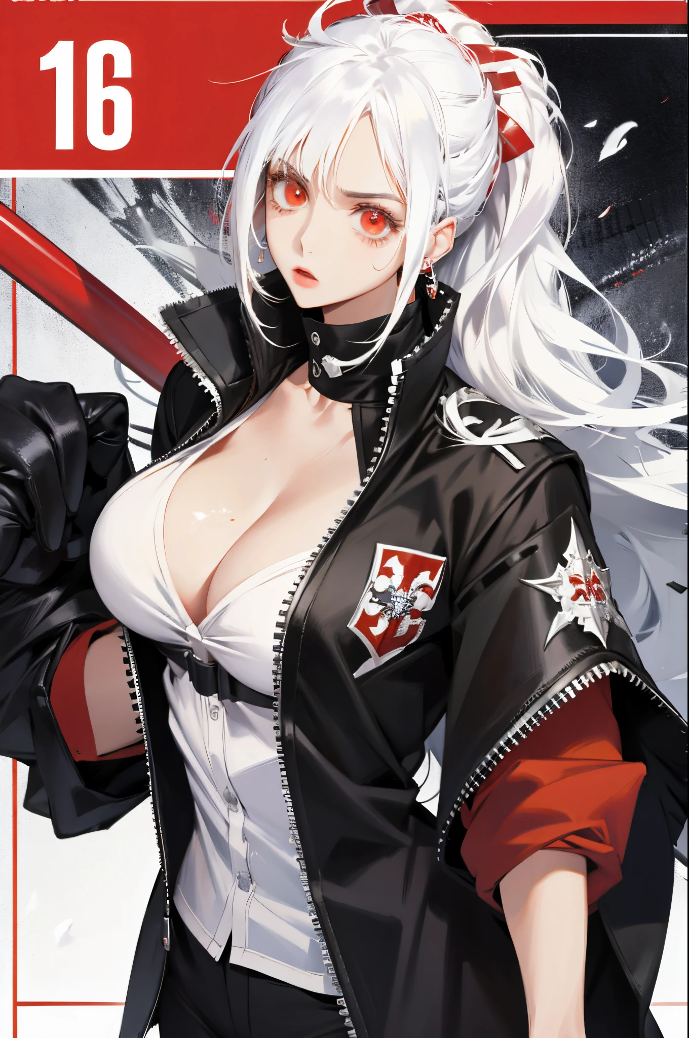 closeup cleavage, animemanga girl, White hair, NeroThe eye, black in color、White and red technical clothing, Nero、blanche、red accessories，Comic cover style