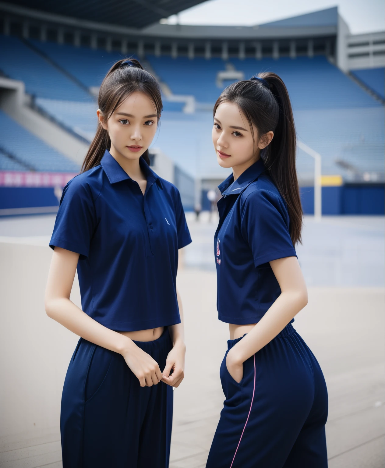 (bestquality,10,10,highres,masterpiece:1.2),ultra-detail,(Realistic,photorealistic portrait,photo-realistic:1.37),1 Cute girl in the football field,oily shiny skin,bara,light smile,BDclothelue shirt:1.3)),short sleeves,shirt, trousers.,(navy_long_Pants Track:1.1), ((Stadium Background:1.3)),dynamic angle,excited,face focus,Dynamic Poses,from behide,Ass Focus,masterpiece, bestquality, ultra realistic, hyper-detail, 8k resolution, RAW photo, crisp focus, ((Navy blue shirt:1.1)), short sleeves, Long Path, Perfect body, 2 mature women, 18yo, cinematic light,Blue sweatpants,Gymware,Correct anatomy,Complete body, Correct body, sharp face, Anatomically correct body, full entire body, Realistic gestures, long-haired, Realistic poses,Wear long shorts............................,Long leg span,Shapely,Sculpting Girl, Slender Figure, mannequin mannequins, Shapely, Beautiful body,Blue sweatpants, Two girls kissing