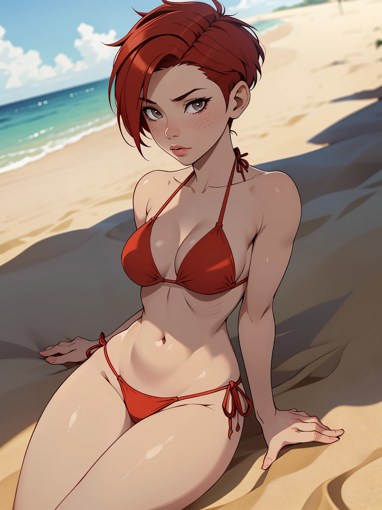 1girl, full body, teenager, solo, (short pixie cut Hair, undercut red hair: 1.28), ((light gray eyes)), some small freckles, (dark fox ears: 1.35), pale skin, large breasts, cleavage, (thin hips, thin waist , athletic body: 1.25), background, looking away, (wearing only a bikini: 1.5), lying down in the sand, at a beach, masterpiece, best quality,3d rending work ,3DMM style, close-up, portrait, 3D,