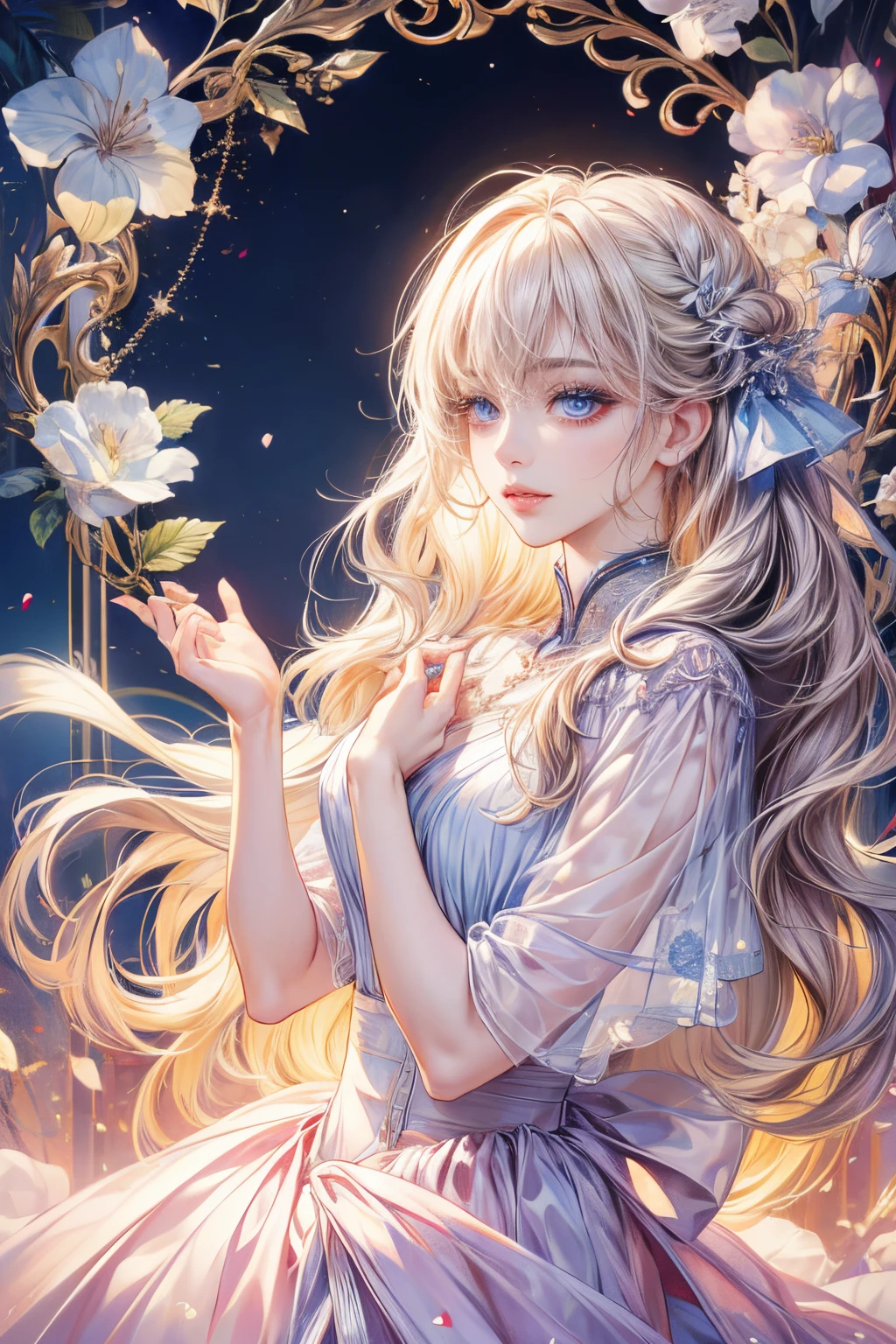 (Best quality at best:1.4,tmasterpiece:1.4),超高分辨率,8K,CG,Exquisite,The upper part of the body,Solitude,Thumb girl, princess,Taffeta court dress,florest background,detailedfacialfeatures,long and flowing hair,almond eyes,exquisite eye makeup,long eyelashes fluttering,Sparkling eyes and starry gaze,Delicate lip detailing,Soft and harmonious style.