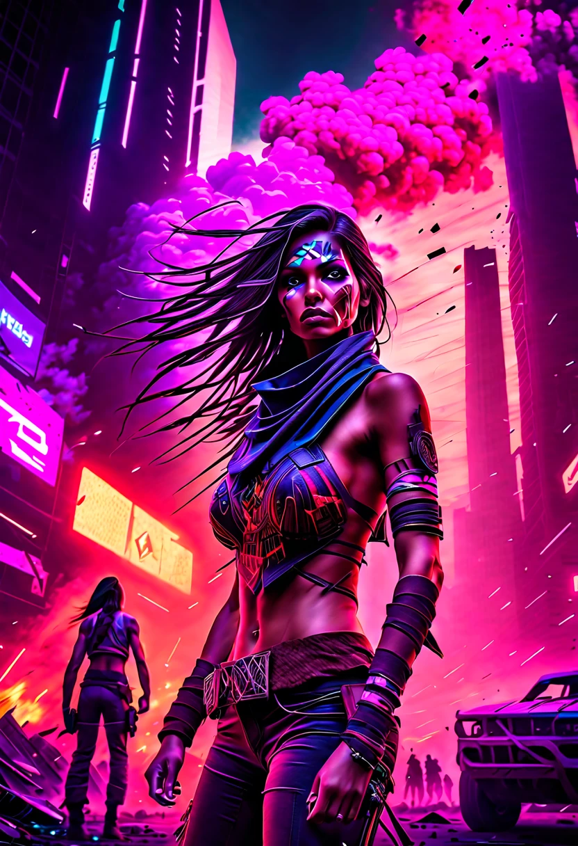 (best quality,4k,highres,masterpiece:1.2),ultra-detailed,realistic:1.37, native american cyberpunk girl, war paint,cyberpunk street battlefield, ,landscape,colorful,contrasting lighting,action-packed,fast-paced,vivid colors,gritty,sci-fi,warrior,strong,zoomed-out perspective,towering skyscrapers,neon lights,technological elements,explosions,chaotic atmosphere,intense,energetic,post-apocalyptic,expressive eyes,flowing hair,dynamic pose,rugged clothing,trail of dust,smoke,motion blur,bullets flying,clouds of debris,optimistic color tones,defiant expression,confident demeanor,striking features,commanding presence,adventure,an epic clash between the past and the future,blend of cultures,symbol of resilience and strength., erotic,nude,topless,