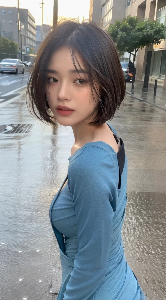 ((Best Quality, 8k, Masterpiece:1.3)), Focus:1.2, Perfect Body Beauty:1.4, Buttocks:1.2, ((Layered Haircut, Breasts:1.2)), (Wet Clothes:1.1) , (Rain, Street:1.3), Bandeau Dress: 1.1, Highly Detailed Face and Skin Texture, Fine Eyes, Double Eyelids, Whitened Skin, Long Hair, (Shut Up: 1.3)