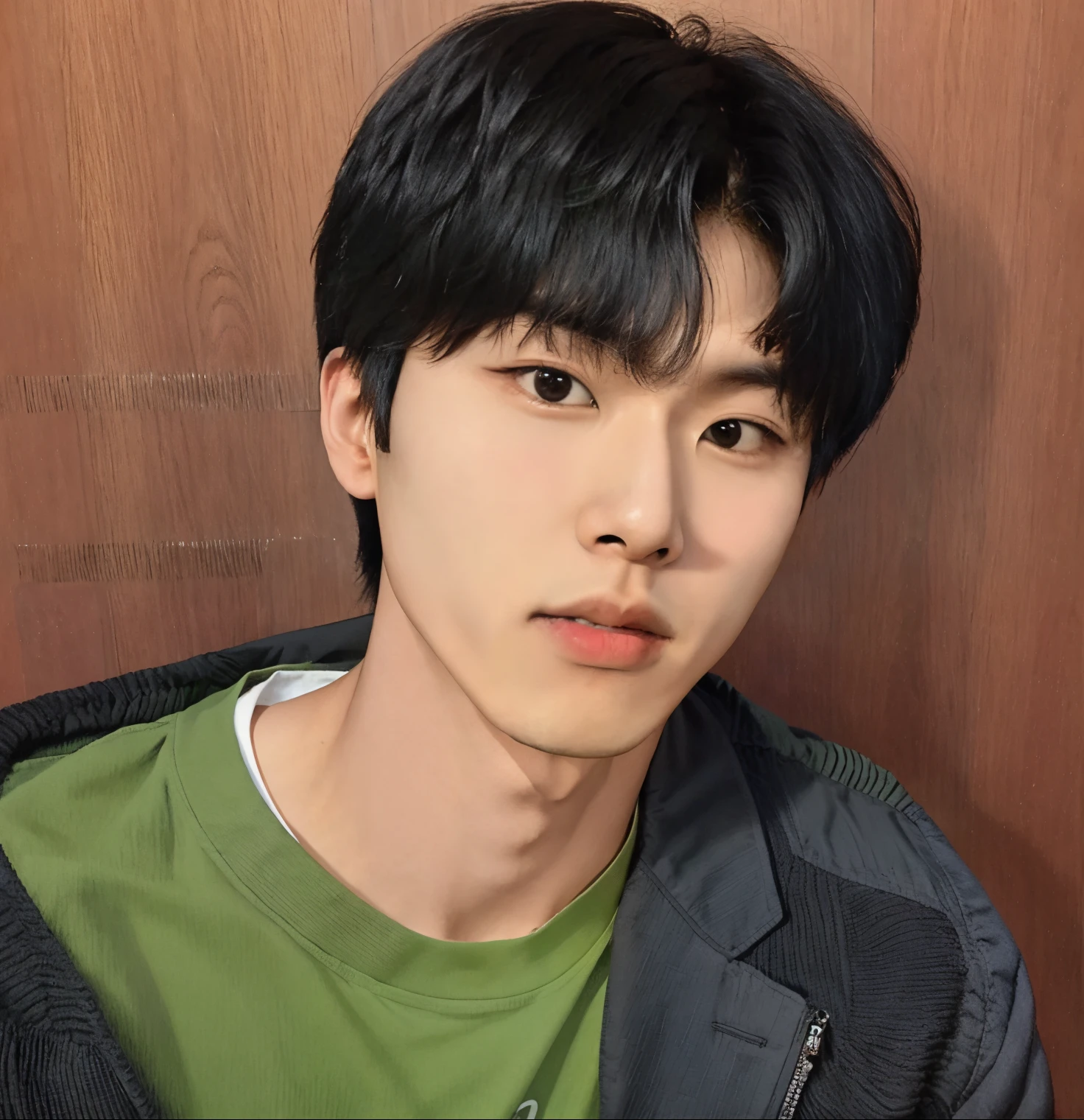 Arafed Asian man wearing green shirt and black jacket., Kim Doyoung, Jung Jaehyun, Foto de perfil de la foto de cabeza, Taejune Kim, Hyung Tae, Yanjun Chengt, Hong June Hyung, Ulzzang masculino, Jinyoung Shin, Wan adorable cara coreana, boy has short black hair, con el pelo corto, Seseon Yoon, Joongwon Charles Jeong