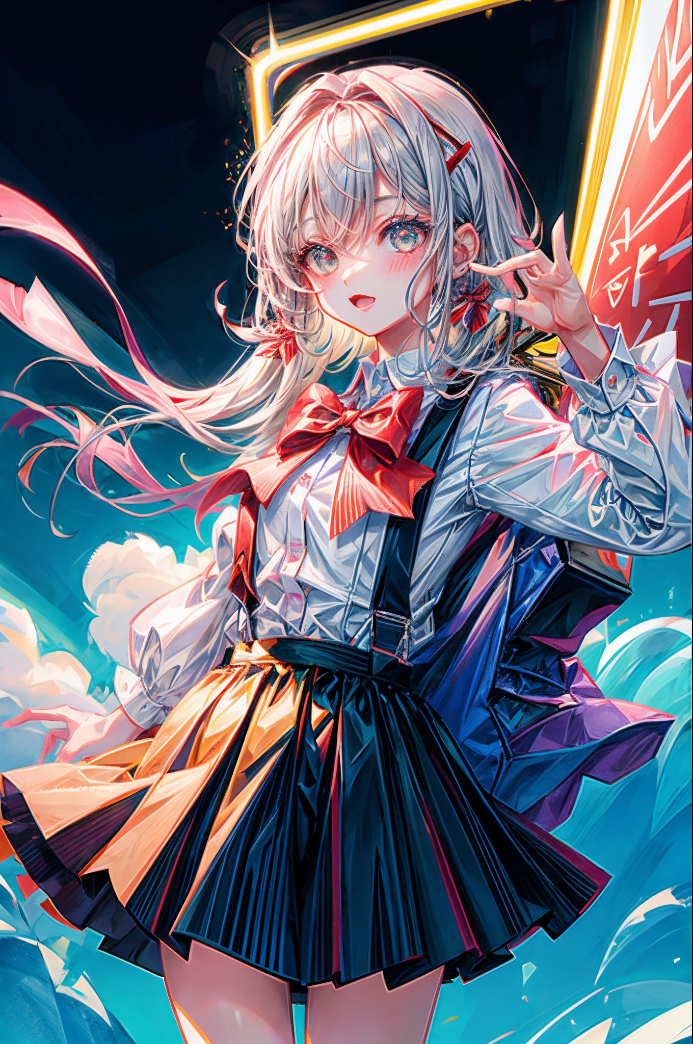 1girl in, Solo, Small breasts, Suspender Skirt, White shirt, red bowtie, Happy