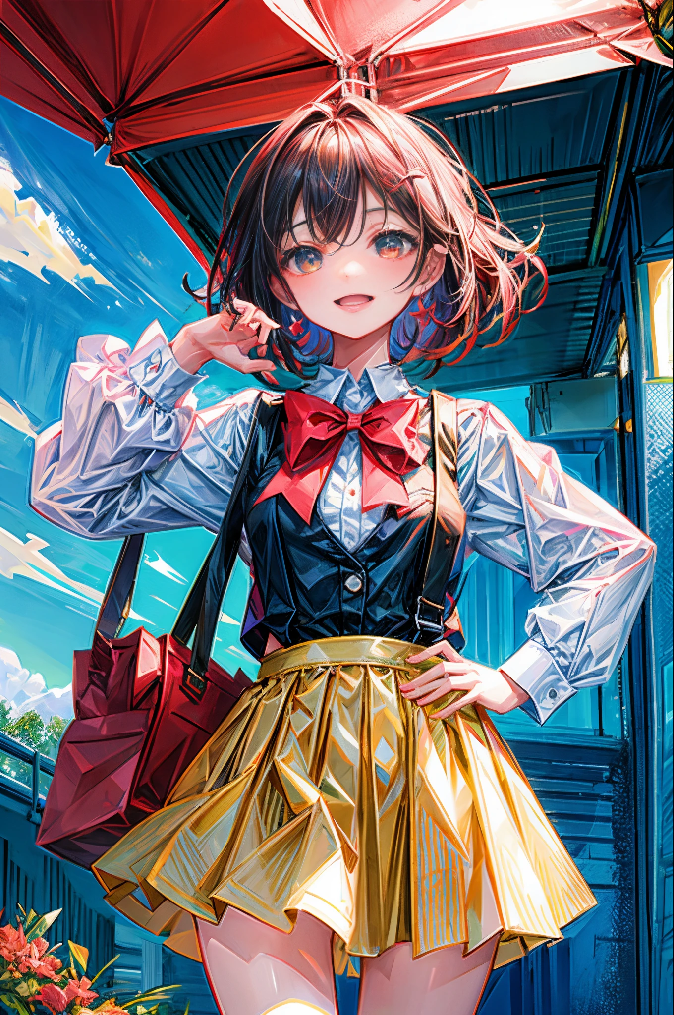 1girl in, Solo, Small breasts, Suspender Skirt, White shirt, red bowtie, Happy