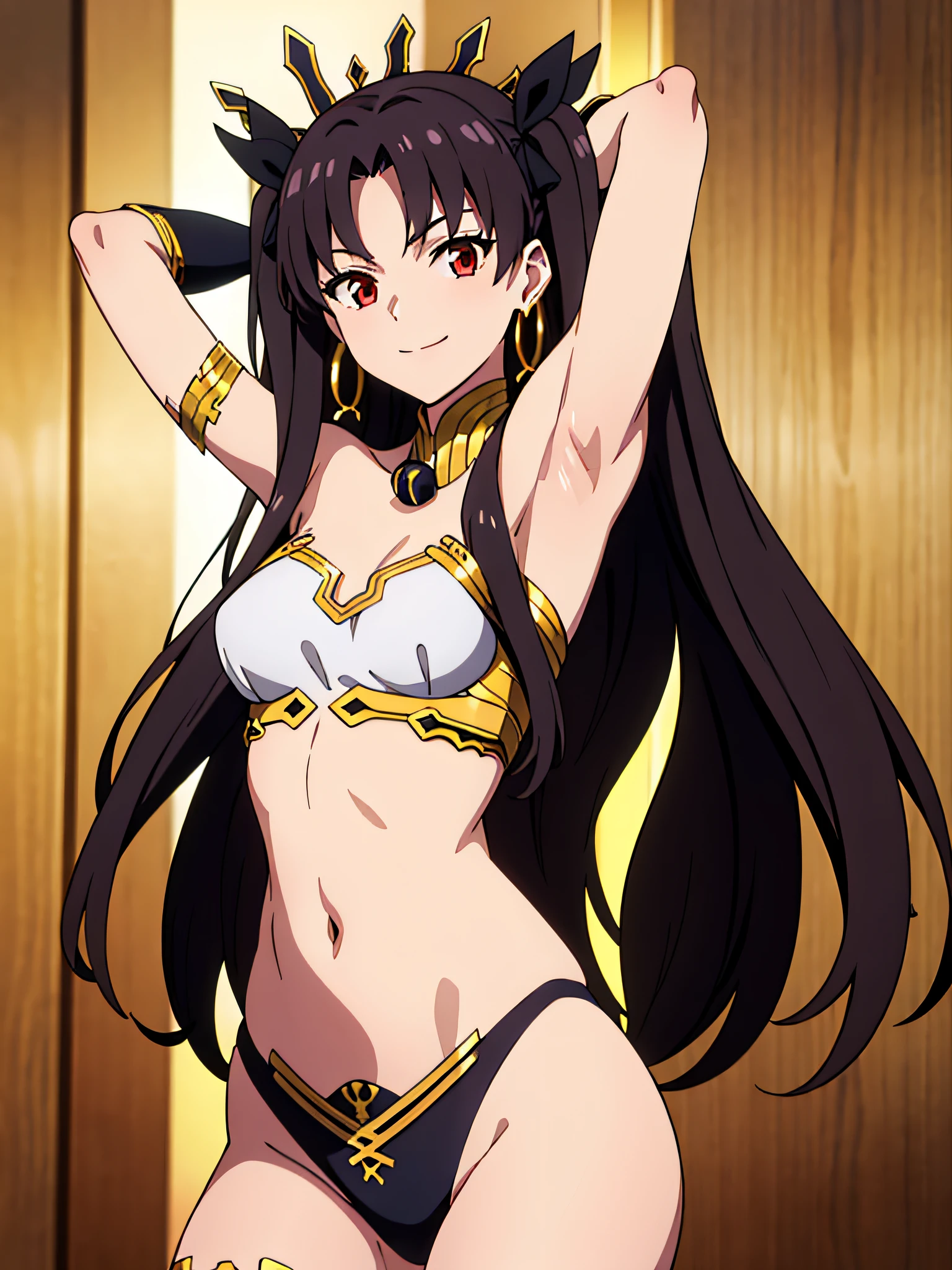 aaishtar, long hair, two side up, hair ribbon, tiara, parted bangs, hoop earrings, jewelry, bare shoulders, neck ring, bikini, single sleeve, detached sleeves, single thighhigh, black thighhighs, 1girl, solo, facing viewer, looking at viewer, smile, armpits, showing armpits, arms behind head, posing