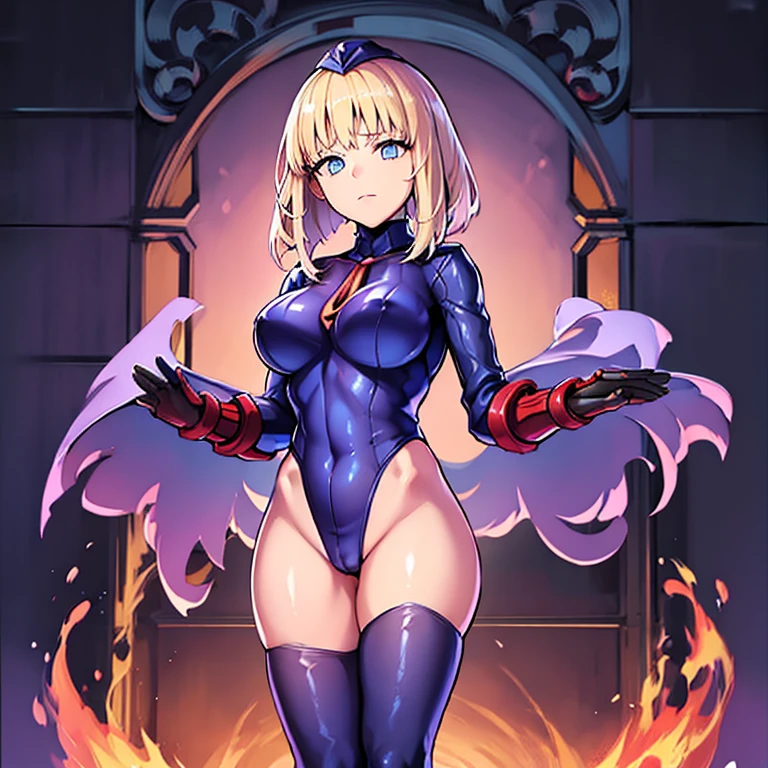 Masterpiece, Best Quality, Highly detailed, illustration, absurdres, street fighter, doll suit, shadaloo doll, nazi saluting, military, military saluting, salute, 3girls, team squad, expressionless, blank eyes, looking at viewer, red gloves, emotionless, black latex, corrution, zofa suit, zofa soldier, mind control, female combatant, full body, hypnotized, standing, standing at attention, unhappy trance, full body suit, leotard, perfect female body,sajou manaka, Fate/Prototype, blode hair, blue eyes