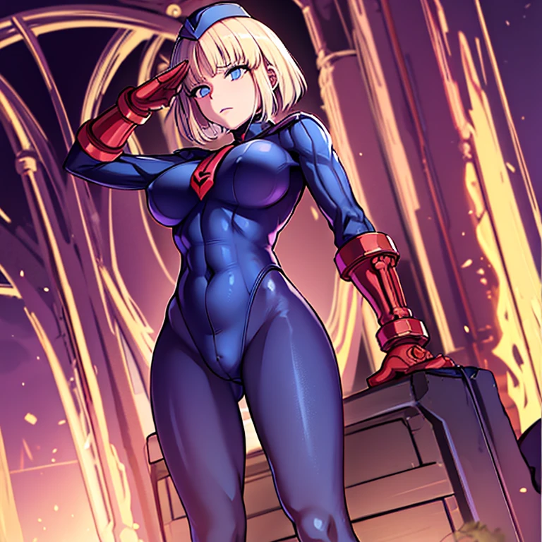 Masterpiece, Best Quality, Highly detailed, illustration, absurdres, street fighter, doll suit, shadaloo doll, nazi saluting, military, military saluting, salute, 3girls, team squad, expressionless, blank eyes, looking at viewer, red gloves, emotionless, black latex, corrution, zofa suit, zofa soldier, mind control, female combatant, full body, hypnotized, standing, standing at attention, unhappy trance, full body suit, leotard, perfect female body,sajou manaka, Fate/Prototype, blode hair, blue eyes