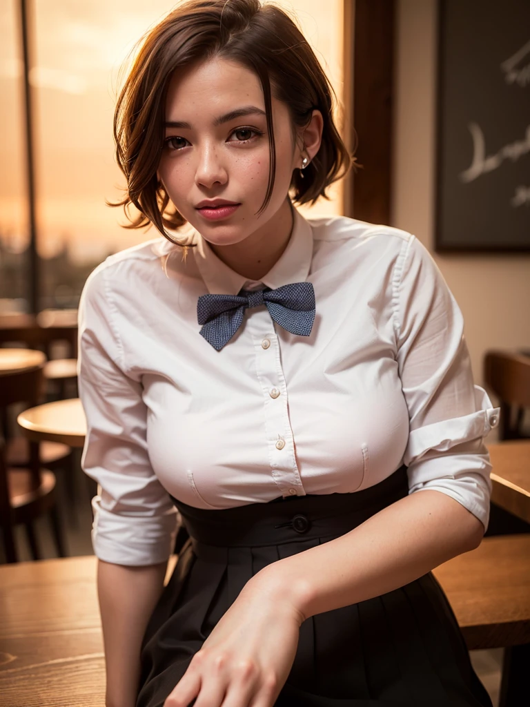 (8k, RAW photo, best quality, masterpiece:1.2), (realistic, photo-realistic:1.37), ultra-detailed, 1 girl,cute, solo,beautiful detailed sky,detailed cafe,night,sitting,dating,(nose blush),(smile:1.1),(closed mouth), medium breasts,beautiful detailed eyes,(collared shirt:1.1), bowtie,pleated skirt,(short hair:1.2),floating hair