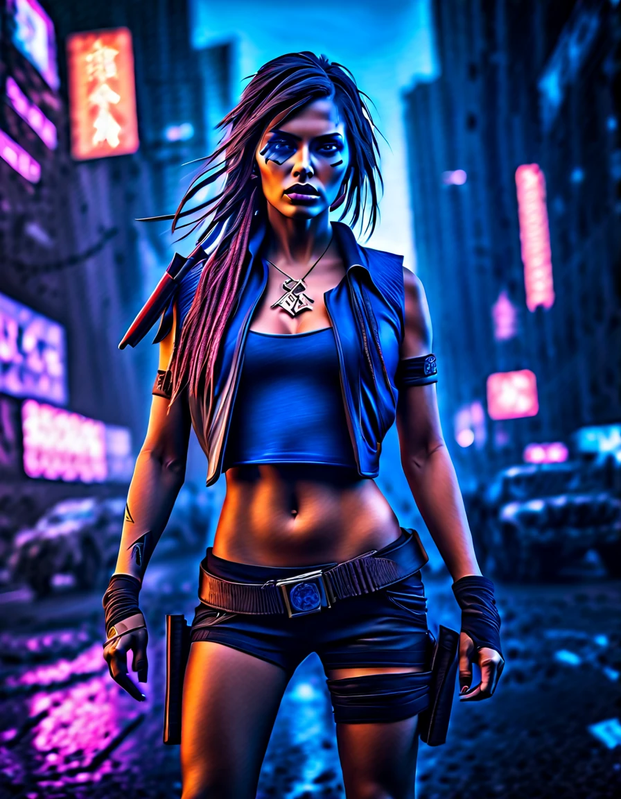 (best quality,4k,highres,masterpiece:1.2),ultra-detailed,realistic:1.37, native american cyberpunk girl, war paint,cyberpunk street battlefield, ,landscape,colorful,contrasting lighting,action-packed,fast-paced,vivid colors,gritty,sci-fi,warrior,strong,zoomed-out perspective,towering skyscrapers,neon lights,technological elements,explosions,chaotic atmosphere,intense,energetic,post-apocalyptic,expressive eyes,flowing hair,dynamic pose,rugged clothing,trail of dust,smoke,motion blur,bullets flying,clouds of debris,optimistic color tones,defiant expression,confident demeanor,striking features,commanding presence,adventure,an epic clash between the past and the future,blend of cultures,symbol of resilience and strength., erotic,nude,topless,