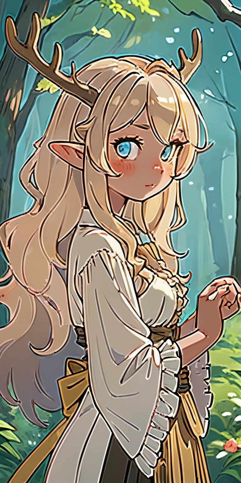 (Masterpiece, Best Quality), 1girl, intricate details, blonde, sheet, Wavy Hair, looking a viewer, elf, upper-body, woods, frills, mist, Deer antlers,