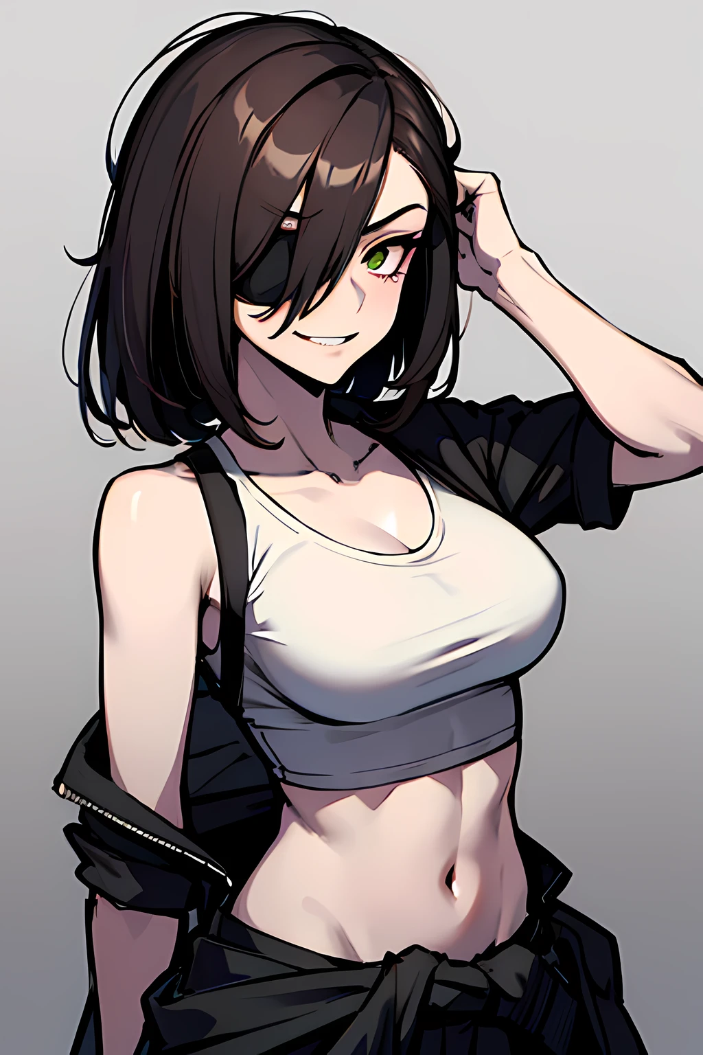 (absurdres, 8k, 4k, masterpiece, hyper extreme detailed:1.2), solo, 1girl, front view, portrait, best quality, expressive eyes, perfect face, 1girl, portrait, solo, standing, Female, toned body, mature female, small breasts, pale, hair covering one eye, dark brown hair, long hair, eyepatch, sarcastic, snarky, soldier, , hazel eyes, shorts, delinquent, sarcastic, white jacket tied around waist, graphic t-shirt, smirk, crazy eyes, messy hair, swept bangs, midriff, hand on head, hand on shoulder, exposed collarbone, exposed left shoulder,