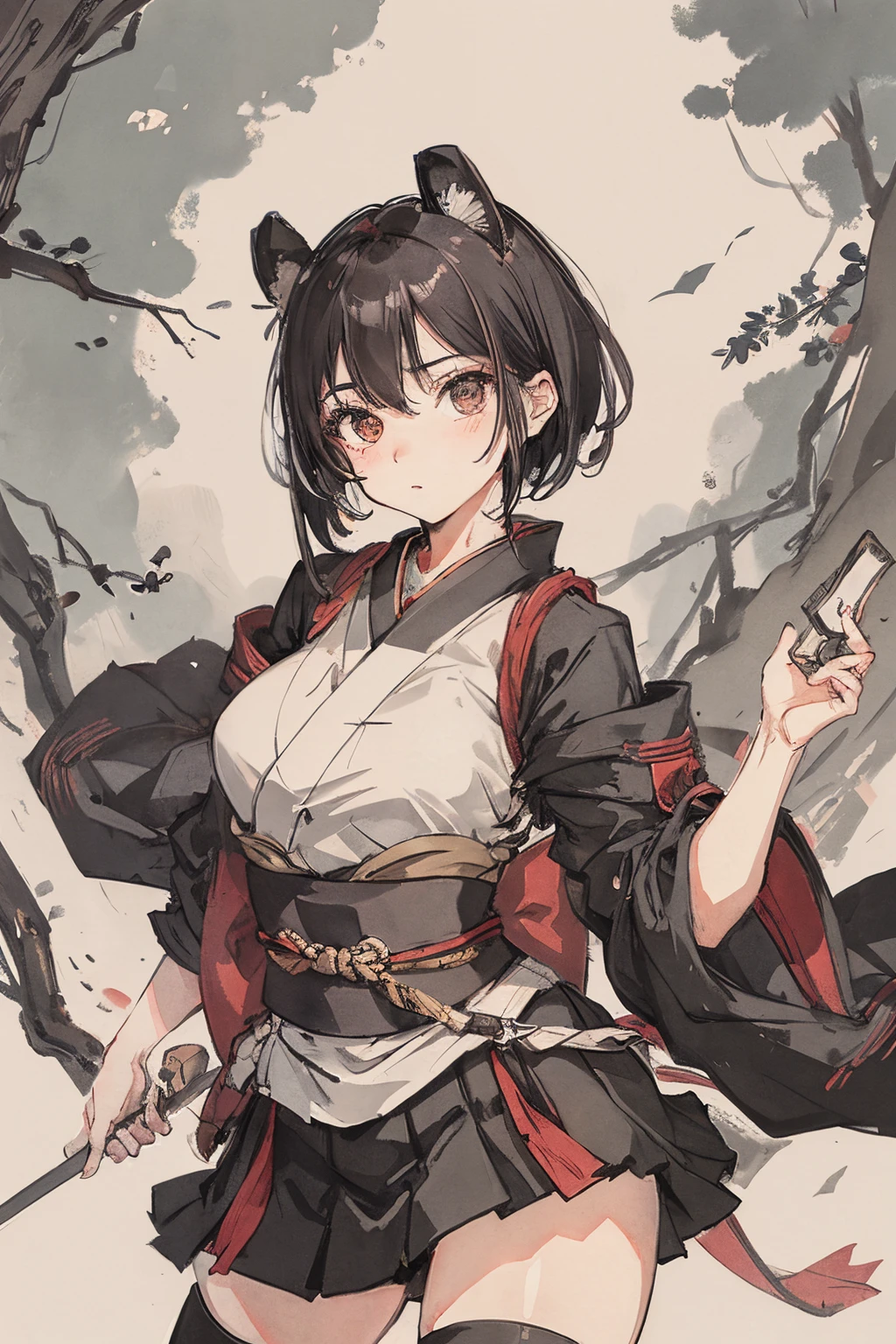sparrow, ninja, black hair, teen, stocking, black eyes, short hair, girl, shuriken, medium breasts, kimono, skirt