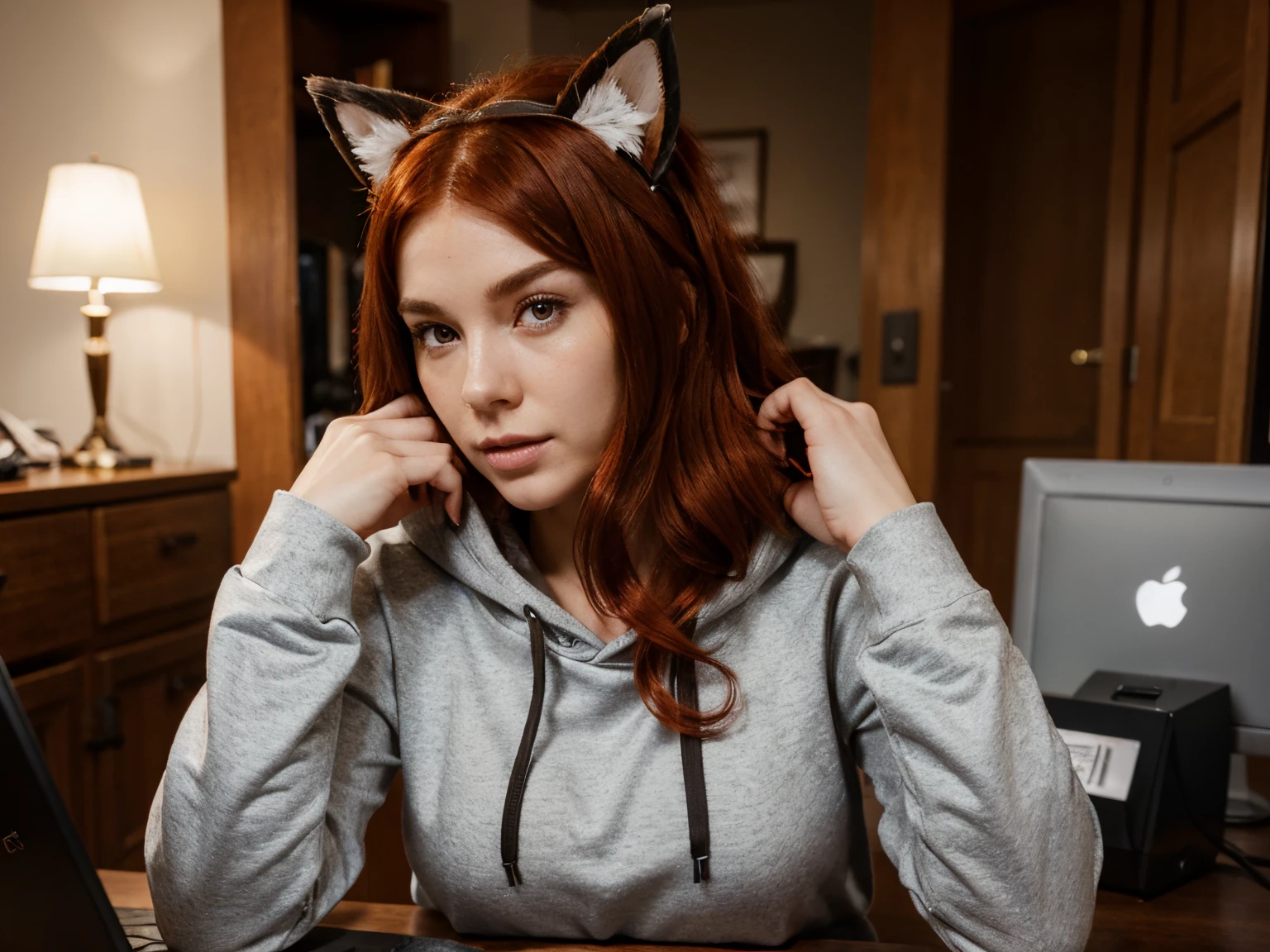 ultra-detailed, red hair, highest quality, perfect body, shy, seductive pose, pointy realistic animal ears accessory, hoodie, in front of pc,