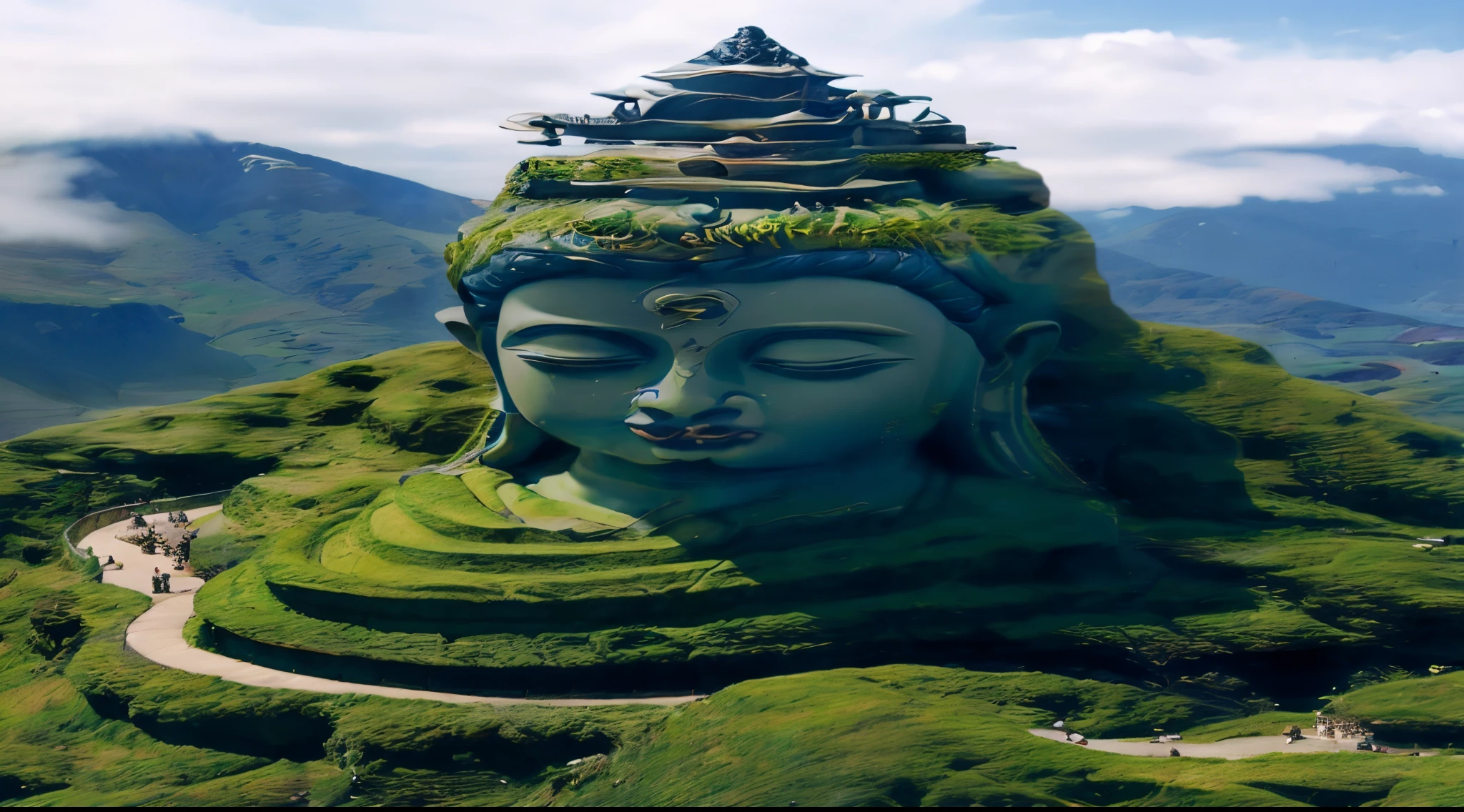 Close-up of a statue of a man on the hill, a Buddhist Buddha, fo, , , matte painting of human mind, shaved temples, The very detailed, Beautiful images, 4k highly detailed digital art, High-quality images, author:John Ragatta, Beeple e Jean Giraud, buliding, Avalokitesvara, David Boyd,Expand